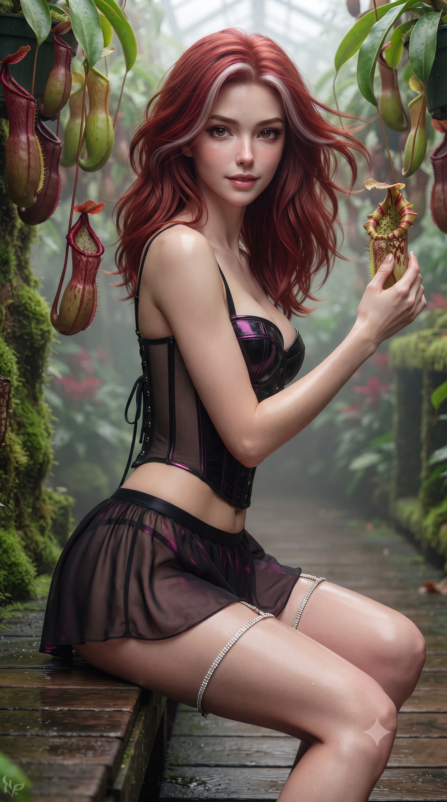 score_9, masterpiece, best quality, ultra-detailed, high-budget anime keyframe, editorial fashion photography, tasteful artistic composition, Caucasian woman. close-up cowboy shot from the waist and thighs up, the character dominates the composition, filling the frame with her large presence. turning slowly with an enchanting smoldering smile, her glossy hair tossing in the breeze as her hips angle gracefully in a captivating contrapposto while sitting perched on a damp wooden walkway with one knee bent, touching a carnivorous blossom with curious, coquettish charm. The background shows a soft-focus hanging nepenthes pitcher plants in shades of maroon and lime, lush moss walls, and drifting fog blurred into crimson, chartreuse, and silver bokeh. She has an exceptionally elegant, slender, and willowy female figure with an ultra-slim waist, flat toned midriff, narrow ribcage, and sculpted feminine hips creating an alluring, slim hourglass silhouette without bulk. sharp v-shaped jawline, high-bridge nose, sparkling eyes with hypnotic seductive depth, thick curled eyelashes, glossy parted lips with a natural dewy peach sheen, alluring bedroom-eyes with an enchanting coquettish smile, exuding magnetic siren charisma and sophisticated glamour, flawlessly proportioned anatomical accuracy, strict slender model proportions, natural body alignment, perfectly sculpted long slender limbs, ultra-slim waistline, clean dynamic posture without body distortion. wearing a structured boned satin corset bodice with sheer illusion side panels paired with low-waisted tailored micro-shorts in wet-look onyx black with electric magenta reflections, made of sheer gossamer chiffon that drapes softly against skin with airy translucence, finished with delicate crystal-encrusted thigh garter straps glinting under the lights, the second-skin tailored fabric adhering flawlessly to her sculpted flat midriff and slender torso, emphasizing her long leg lines and perfectly proportioned willowy build. bathed in diffused humid greenhouse sunlight filtered through dense morning mist clouds. ultra-reflective glossy finish, specular highlights, rich textural contrasts, high-contrast stereoscopic depth, volumetric dynamic lighting, 2k, ultra detail, master piece, 9:16 ratio