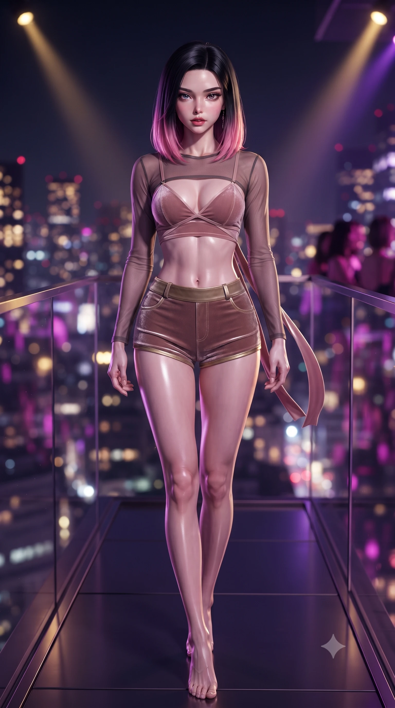 score_9, masterpiece, best quality, ultra-detailed, high-budget anime keyframe, editorial fashion photography, tasteful artistic composition, Korean woman. low angle full-body shot from head to toe showing her feet, filling the entire 9:16 vertical frame with her statuesque presence, stretching her vertical silhouette. stepping slowly toward the camera with hypnotic grace, hips swaying in an alluring sensual rhythm that accentuates her curvy hourglass silhouette and long slender legs while standing poised beside the balcony glass balustrade high above the Tokyo metropolis, arching her spine with sovereign VIP glamour. The background shows a soft-focus the glittering sea of Tokyo city lights, moving nightclub spotlights, and chic patrons blurred into magenta, gold, and violet bokeh. She has an absolutely perfect, statuesque 8.5-heads proportion, an exceptionally tall and slender model-like female figure with impossibly long slender legs, an ultra-slim waist, a flat toned midriff, narrow delicate ribcage, and beautifully sculpted feminine hips creating a graceful, slim hourglass silhouette without any bulky heaviness. sharp v-shaped jawline, high-bridge nose, sparkling eyes with hypnotic seductive depth, thick curled eyelashes, glossy parted lips with a natural dewy peach sheen, alluring bedroom-eyes with an enchanting coquettish smile, exuding magnetic siren charisma and sophisticated glamour, flawlessly proportioned anatomical accuracy, strict slender model proportions, natural body alignment, perfectly sculpted long slender limbs, ultra-slim waistline, clean dynamic posture without body distortion. wearing a sheer athletic mesh long-sleeve crop top layered over an opaque strappy micro-bralette and tight leatherette shorts in dusky blush rose and antique gold trims, tailored from ultra-plush velvet with rich tactile depth and deep shadow gradients, finished with long silk ribbon ties fluttering down her bare spine from a backless halter, the second-skin tailored fabric adhering flawlessly to her sculpted flat midriff and slender torso, emphasizing her long leg lines and perfectly proportioned willowy build. bathed in dynamic purple and gold nightclub spotlight sweeps paired with ambient skyline glow. ultra-reflective glossy finish, specular highlights, rich textural contrasts, high-contrast stereoscopic depth, volumetric dynamic lighting, 2k, ultra detail, master piece, 9:16 ratio