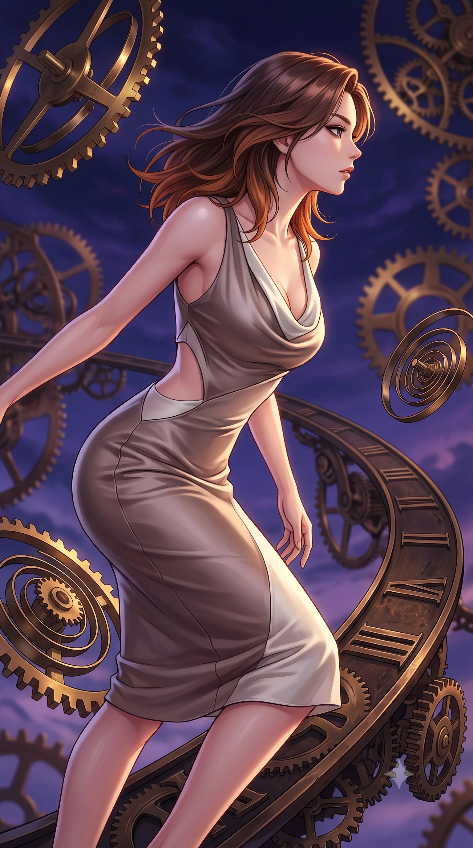 score_9, masterpiece, best quality, ultra-detailed, high-budget anime keyframe, editorial fashion photography, tasteful artistic composition, Korean woman. close-up cowboy shot from the waist and thighs up, the character dominates the composition, filling the frame with her large presence, background elements kept in soft focus. Turning her face in sharp profile while her upper body leans forward with poised athletic grace while stepping along a curved clockwork pendulum arm under a dramatic twilight sky, floating brass gears and clocksprings casting intricate metallic reflections. She has an exceptionally elegant, slender, and willowy female figure with an ultra-slim waist, a gracefully sculpted slender torso, and a refined silhouette. sharp v-shaped jawline, high-bridge nose, intricate jewel-like eyes with depth, thick eyelashes, glossy lips with a natural sheen, flawlessly proportioned anatomical accuracy, natural body alignment, perfectly sculpted elegant limbs, clean dynamic posture without body distortion. wearing an elegant cowl-neck satin midi dress with a graceful draped neckline in muted taupe and soft ivory, made of fine carbon-fiber weave and soft matte leather, featuring clean architectural cutouts along her slender torso, the elegant draped fit framing her graceful clavicle and slender torso. bathed in warm twilight amber backlighting and rich metallic specular glow. highly saturated vibrant anime colors, detailed shading with soft gradients, rich glossy textures, high-contrast stereoscopic depth, volumetric dynamic lighting, master piece, 9:16 ratio