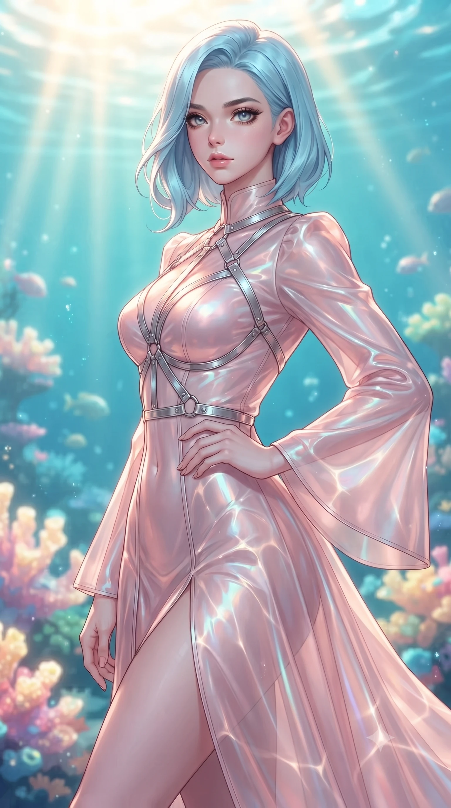 score_9, masterpiece, best quality, ultra-detailed, high-budget anime keyframe, editorial fashion photography, tasteful artistic composition, Korean woman. close-up cowboy shot from the waist and thighs up, the character dominates the composition, filling the frame with her large presence, background elements kept in soft focus. Holding a confident power pose with one hand on her hip, floating through a sun-drenched underwater sanctuary filled with glowing opal coral, golden sunbeams penetrating turquoise water creating caustic light patterns. She has an exceptionally elegant, slender, and willowy female figure with an ultra-slim waist, a gracefully sculpted slender torso, and a refined silhouette. sharp v-shaped jawline, high-bridge nose, intricate jewel-like eyes with depth, thick eyelashes, glossy lips with a natural sheen. wearing gothic high-collar rose-gold silk evening gown with long bell sleeves in soft blush pink, made of iridescent hologram organza, highlighted by a platinum metallic harness structure, sculpting her athletic slender build with refined precision. lit by clear sun-drenched sea light with soft ethereal shadows. ultra-reflective glossy finish, specular highlights, metallic sheen, high-contrast stereoscopic depth, volumetric dynamic lighting, 2k, ultra detail, master piece, 9:16 ratio