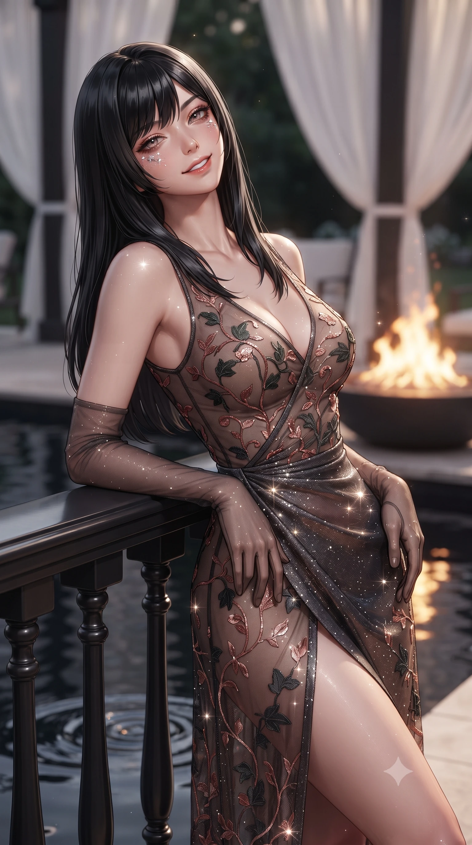 score_9, masterpiece, best quality, ultra-detailed, high-budget anime keyframe, editorial fashion photography, tasteful artistic composition, Caucasian woman. close-up cowboy shot from the waist and thighs up, the character dominates the composition, filling the frame with her large presence. leaning back against the balustrade with relaxed seductive grace, head tilted back slightly while casting a hypnotic, heavy-lidded gaze while twisting her slender torso in an alluring S-curve beside the black-bottom reflection pool, water ripples tracing her curves and flat midriff. The background shows a soft-focus billowing white outdoor drapery softened in private estate sanctuary shallow focus. She has an exceptionally elegant, slender, and willowy female figure with an ultra-slim waist, flat toned midriff, narrow ribcage, and sculpted feminine hips creating an alluring, slim hourglass silhouette without bulk. sharp v-shaped jawline, high-bridge nose, intricate jewel-like sparkling eyes with depth, thick eyelashes, glossy parted lips with a natural peach sheen, bright cheerful beaming smile with an enchanting and coquettish sensual glint, exuding both youthful cute charm and seductive allure, flawlessly proportioned anatomical accuracy, strict slender model proportions, natural body alignment, perfectly sculpted long slender limbs, ultra-slim waistline, clean dynamic posture without body distortion. wearing a provocative sheer illusion mesh botanical dress with embroidered climbing ivy ribbons contouring her curves in sultry copper rose and deep shadow charcoal, woven from stretch metallic lurex jersey casting radiant starlight glints across her curves, complemented by sheer opera-length evening gloves tracing her slender arms, the high-slit wrap tailoring accentuating her ultra-slim waistline and the enchanting curve of her feminine hips with alluring seductive charm. bathed in the warm radiant 2200K hearth glow of the dancing outdoor fire pit contrasted with cool starlight. ultra-reflective glossy finish, specular highlights, rich textural contrasts, high-contrast stereoscopic depth, volumetric dynamic lighting, 2k, ultra detail, master piece, 9:16 ratio