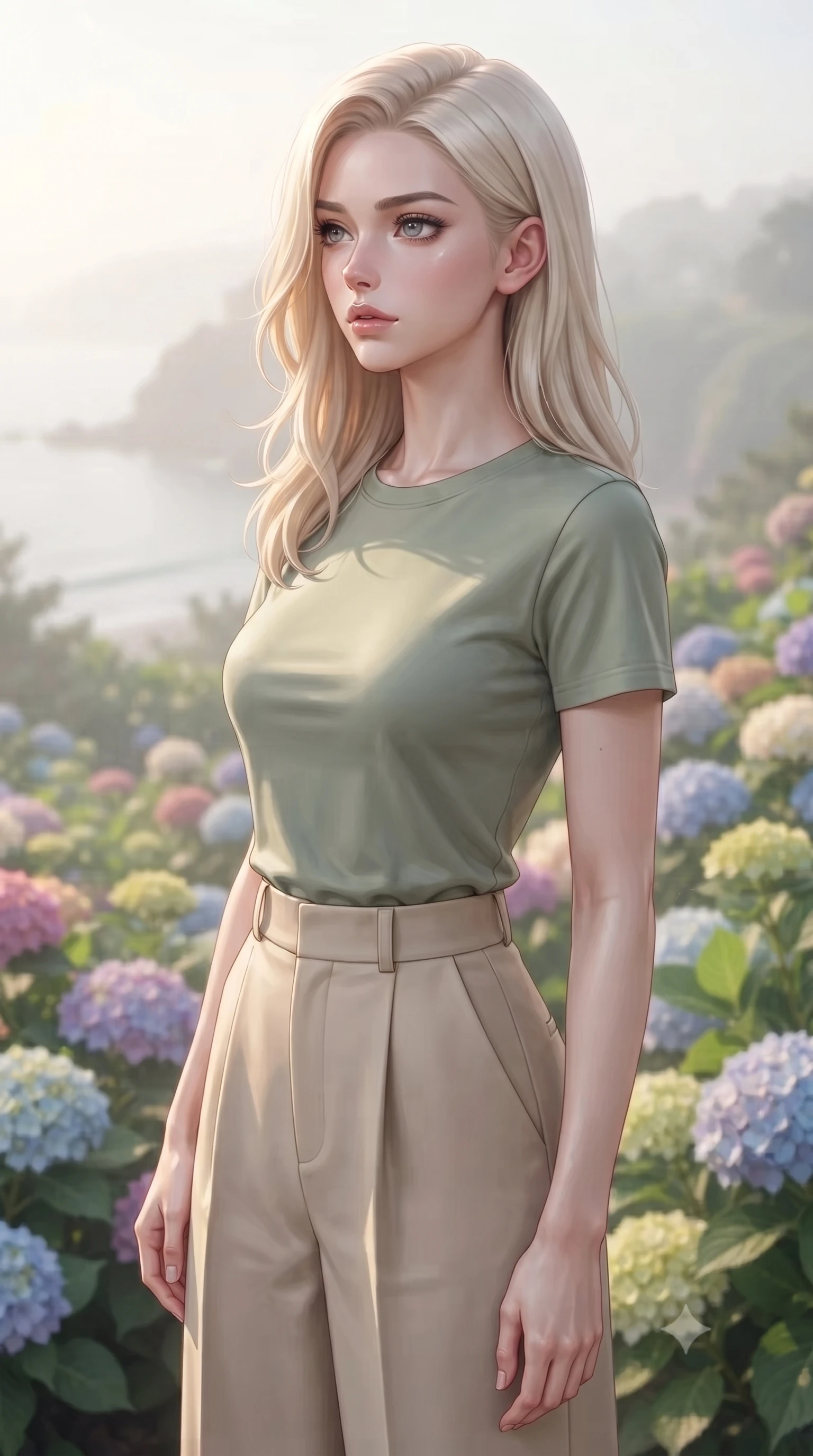 score_9, masterpiece, best quality, ultra-detailed, high-budget anime keyframe, editorial fashion photography, tasteful artistic composition, Caucasian woman woman. close-up cowboy shot from the waist and thighs up, the character dominates the composition, filling the frame with her large presence, background elements kept in soft focus. looking past the camera with a peaceful, thoughtful gaze, enjoying the warm sunlight the background shows a soft-focus a garden filled with colorful hydrangeas overlooking a misty coastal bay. She has an exceptionally elegant, slender, and willowy female figure with an ultra-slim waist, a gracefully sculpted slender torso, and a refined silhouette. sharp v-shaped jawline, high-bridge nose, intricate jewel-like eyes with depth, thick eyelashes, glossy lips with a natural sheen. wearing a tailored simple sage green cotton tee paired with high-waisted beige wide-leg pants. soft morning mist diffusing the sunlight, creating a dreamy atmosphere. ultra-reflective glossy finish, specular highlights, metallic sheen, high-contrast stereoscopic depth, volumetric dynamic lighting, 2k, ultra detail, master piece, 9:16 ratio
