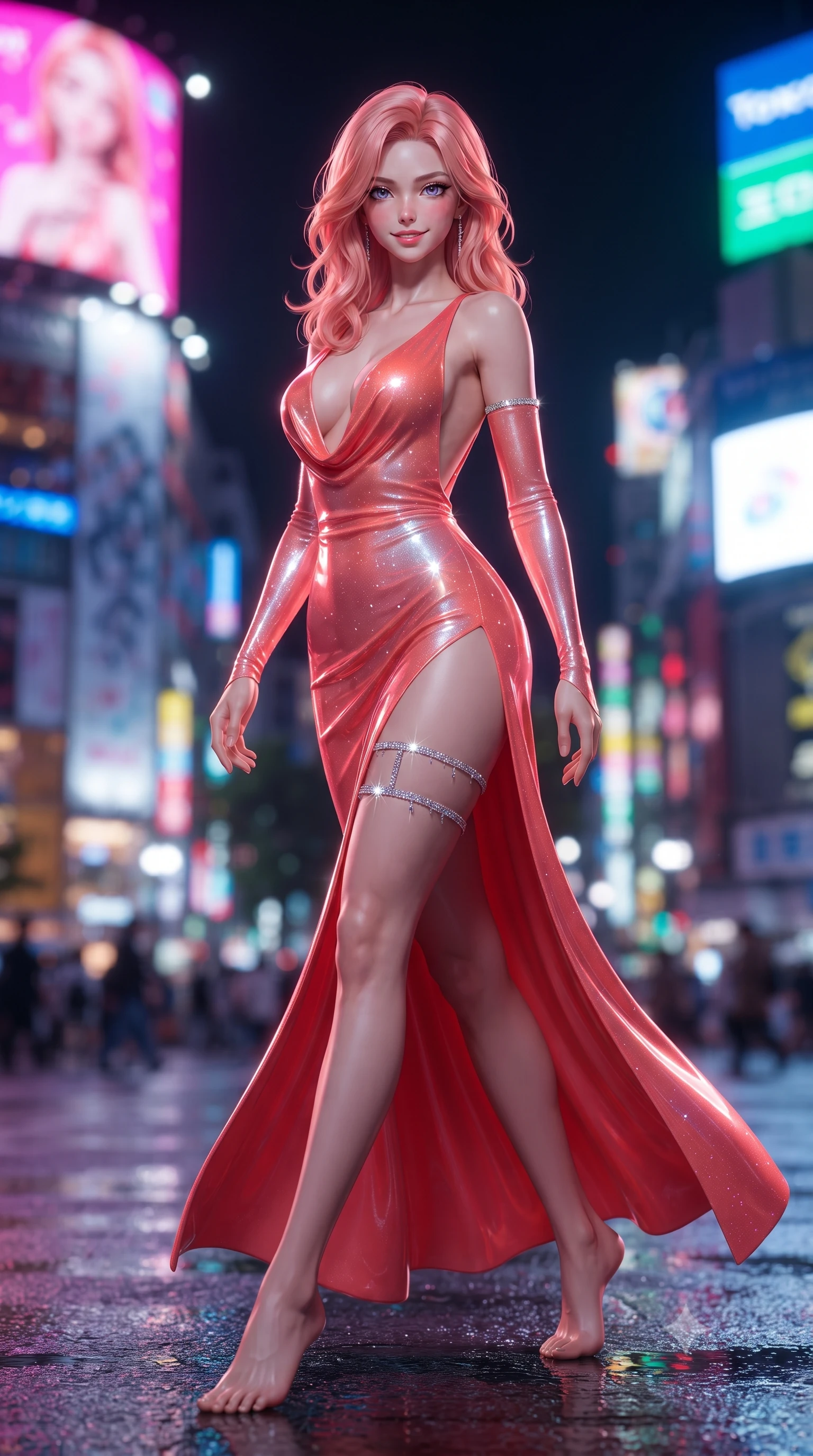 score_9, masterpiece, best quality, ultra-detailed, high-budget anime keyframe, editorial fashion photography, tasteful artistic composition, Japanese woman. low angle full-body shot from head to toe showing her feet, filling the entire 9:16 vertical frame with her statuesque presence, stretching her vertical silhouette. stepping slowly toward the camera with hypnotic grace, hips swaying in an alluring sensual rhythm that accentuates her curvy hourglass silhouette and long slender legs while twisting her slender torso in an alluring contrapposto stance, thousands of neon billboards casting saturated electric colors across her curves. The background shows a soft-focus colossal Shibuya Crossing with tiny pedestrian crowds, massive neon video billboards, and dense Tokyo skyline blurred into electric magenta, cyan, and amber bokeh. She has an exceptionally tall and slender model-like 8.5-heads proportion, an ultra-slim waist, a flat toned midriff, narrow delicate ribcage, and beautifully sculpted feminine hips creating a graceful, slim hourglass silhouette without any bulky heaviness, with impossibly long slender legs. sharp v-shaped jawline, high-bridge nose, intricate jewel-like sparkling eyes with depth, thick eyelashes, glossy parted lips with a natural peach sheen, bright cheerful beaming smile with an enchanting and coquettish sensual glint, exuding both youthful cute charm and seductive allure, flawlessly proportioned anatomical accuracy, strict slender model proportions, natural body alignment, perfectly sculpted long slender limbs, ultra-slim waistline, clean dynamic posture without body distortion. wearing a deep plunge-neck stretch velvet gown with a daring thigh-high side slit and open cowl back in French Riviera sunset coral and starlight silver, crafted from wet-look high-gloss vinyl fabric with dazzling specular surface reflections, finished with delicate crystal-encrusted thigh garter straps glinting in the dim light, the glove-like clinging cut tightly following the natural contour of her hips and long slender legs with youthful 8.5-heads elegance. illuminated by rooftop edge LED strip lights and crisp platinum-magenta rim lights sculpting her jawline, flat midriff, and curvy hips. ultra-reflective glossy finish, specular highlights, rich textural contrasts, high-contrast stereoscopic depth, volumetric dynamic lighting, 2k, ultra detail, master piece, 9:16 ratio