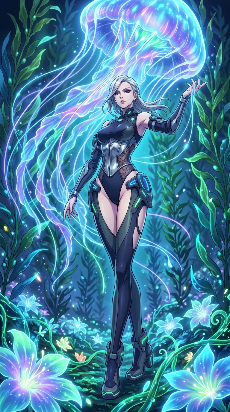 score_9, masterpiece, best quality, ultra-detailed, High-budget Anime Keyframe, vibrant colors, fluid line-art, expressive lighting, cinematic composition, Ufotable-style visual effects, top-tier animation quality, Caucasian woman with pale skin and refined features. Dynamic full-body shot stretching the vertical silhouette, capturing her from a powerful low-angle perspective. Guiding a massive bioluminescent jellyfish through a forest of glowing kelp. She has an absolutely perfect 8-heads proportion, an exceptionally tall and slender female figure with impossibly long slender legs and an ultra-slim waist, her statuesque height and towering silhouette dominating the vertical 9:16 frame. Her face is a masterpiece featuring a sharp v-shaped jawline, high-bridge nose, intricate jewel-like eyes with depth, thick eyelashes, and glossy lips with a natural sheen. She is wearing a Asymmetrical high-cut tech-bodysuit with detached sleeves, chrome-plated corset over sheer lace, and neon-lit tactical gear with suggestive cutouts.. The scene is set in a floating island covered in giant glowing flowers and vines of pure energy. 2k, ultra detail, master piece, 9:16 ratio