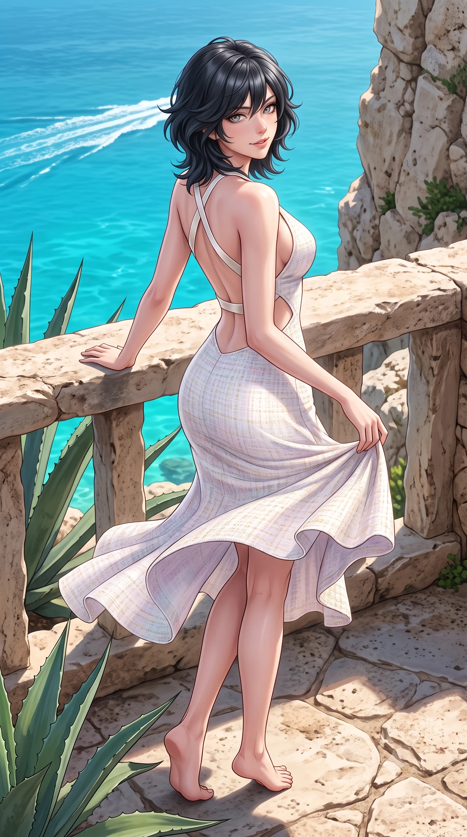 score_9, masterpiece, best quality, ultra-detailed, high-budget anime keyframe, semi-realistic 3D game render, editorial fashion photography, tasteful artistic composition, Caucasian woman. low angle full-body shot from head to toe showing her feet, filling the entire 9:16 vertical frame with her statuesque presence, stretching her vertical silhouette. executing a cheerful mid-motion pivot turn as her skirt flutters around her slender legs, glancing over her shoulder with an intoxicating, teasing cute expression while leaning back against the rustic limestone terrace railing with hips cocked back, looking over her shoulder with an alluring, luxurious bedroom-gaze. The surrounding environment is rendered in vivid detail and crisp panoramic clarity. sharp agave leaf thorn textures, porous limestone rock textures, and yacht wake lines in deep focus. She has an exceptionally tall and slender model-like 8.5-heads proportion, an ultra-slim waist, a flat toned midriff, narrow delicate ribcage, and beautifully sculpted feminine hips creating a graceful, slim hourglass silhouette without any bulky heaviness, with impossibly long slender legs. sharp v-shaped jawline, high-bridge nose, intricate jewel-like sparkling eyes with depth, thick eyelashes, glossy parted lips with a natural peach sheen, bright cheerful beaming smile with an enchanting and coquettish sensual glint, exuding both youthful cute charm and seductive allure, flawlessly proportioned anatomical accuracy, strict slender model proportions, natural body alignment, perfectly sculpted long slender limbs, ultra-slim waistline, clean dynamic posture without body distortion. wearing a backless pastel halter sundress with side-waist diamond cutouts and an ultra-fitted hip-hugging silhouette in pure alabaster white and sun-kissed gold, tailored from soft pastel tweed with subtle metallic shimmer, finished with criss-cross back satin straps highlighting her graceful shoulder blades, the form-contouring cut accentuating her sculpted flat midriff, narrow delicate ribcage, and gracefully curvy hips with supermodel precision. illuminated by radiant turquoise sea bounce fill sharply carving her razor-sharp jawline, narrow waist, and curvy hips. highly saturated vibrant anime colors, detailed shading with soft gradients, rich glossy textures, high-contrast stereoscopic depth, volumetric dynamic lighting, master piece, 9:16 ratio