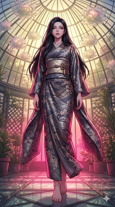 score_9, masterpiece, best quality, ultra-detailed, high-budget anime keyframe, editorial fashion photography, tasteful artistic composition, Korean woman. low angle full-body shot from head to toe showing her feet, filling the entire 9:16 vertical f