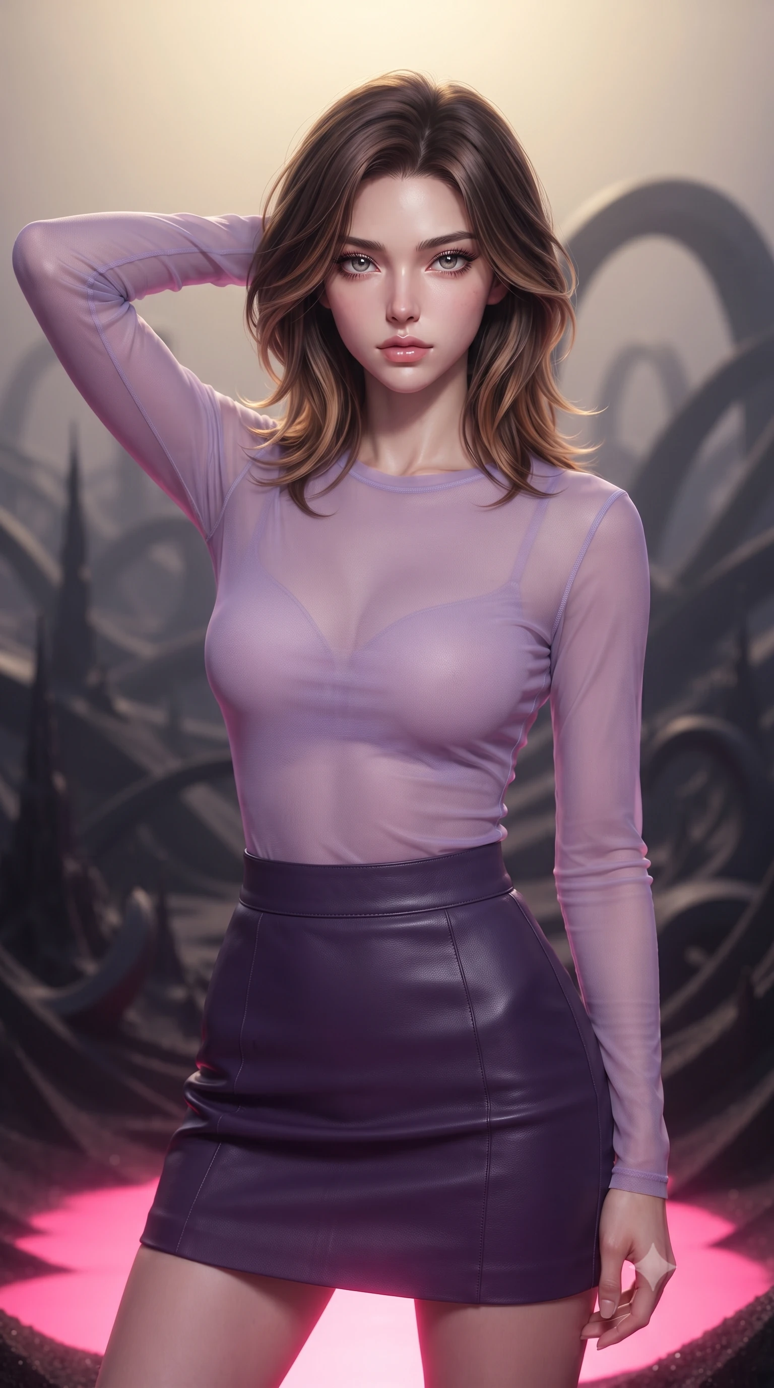 score_9, masterpiece, best quality, ultra-detailed, high-budget anime keyframe, editorial fashion photography, tasteful artistic composition, Korean woman. close-up cowboy shot from the waist and thighs up, the character dominates the composition, filling the frame with her large presence, background elements kept in soft focus. Placing one hand behind her head with confident body language and a direct stare. set against a soft-focus background of a valley filled with jet-black magnetic sand that rises in hypnotic patterns forming spires waves and impossible arching structures responding to unseen magnetic forces creating a landscape of dark geometric beauty. She has an exceptionally elegant and slender, willowy female figure with an ultra-slim waist, a gracefully sculpted slender torso, and a refined slim physique. sharp v-shaped jawline, high-bridge nose, intricate jewel-like eyes with depth, thick eyelashes, glossy lips with a natural sheen. wearing a sheer long-sleeve top in lavender, paired with a high-waisted dark purple leather skirt. dramatic contrast of hot pink furnace glow from below and cool golden light from above. 2k, ultra detail, master piece, 9:16 ratio