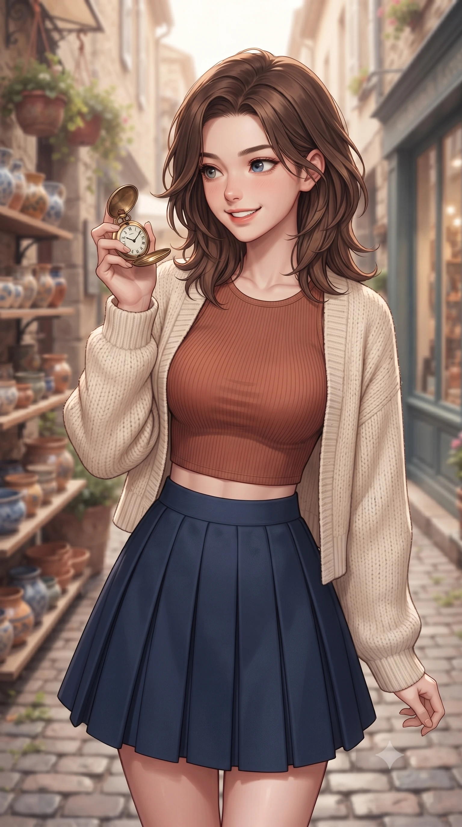 score_9, masterpiece, best quality, ultra-detailed, high-budget anime keyframe, editorial fashion photography, tasteful artistic composition, Korean woman. close-up cowboy shot from the waist and thighs up, the character dominates the composition, filling the frame with her large presence, background elements kept in soft focus. gazing past the camera with a happy, bright expression and a warm smile set against a soft-focus background of in a narrow cobblestone alley next to a cozy handmade pottery shop holding a vintage brass pocket watch with a curious, playful look. She has an exceptionally elegant, slender, and willowy female figure with an ultra-slim waist, a gracefully sculpted slender torso, and a refined silhouette. sharp v-shaped jawline, high-bridge nose, intricate jewel-like eyes with depth, thick eyelashes, glossy lips with a natural sheen. wearing body-hugging crop top under an open knit cardigan, paired with a high-waist pleated A-line skirt. soft diffused daylight creating a warm, cozy and nostalgic atmosphere. highly saturated vibrant anime colors, detailed shading with soft gradients, rich glossy textures, high-contrast stereoscopic depth, volumetric dynamic lighting, master piece, 9:16 ratio