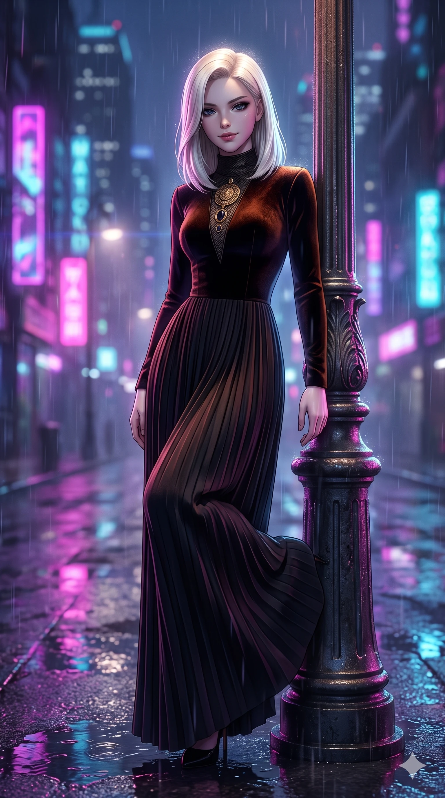 score_9, masterpiece, best quality, ultra-detailed, high-budget anime keyframe, semi-realistic 3D game render, editorial fashion photography, tasteful artistic composition, Caucasian woman. close-up cowboy shot from the waist and thighs up, the character dominates the composition, filling the frame with her large presence. leaning against a historic cast-iron lamppost with one knee bent, night mist drifting through her hair as her dark outfit traces her feminine curves while twisting her slender torso in an alluring contrapposto stance, rain-slicked concrete reflecting neon magenta and cyan across her curves. The background shows a soft-focus cyberpunk megalopolis skyline softened in torrential rain shallow focus. She has an exceptionally elegant, slender, and willowy female figure with an ultra-slim waist, flat toned midriff, narrow ribcage, and sculpted feminine hips creating an alluring, slim hourglass silhouette without bulk. sharp v-shaped jawline, high-bridge nose, intricate jewel-like dark sparkling eyes with dangerous depth, thick curled eyelashes, glossy parted lips with a rich wine sheen, smoldering seductive half-smile with bedroom-eyes, exuding effortless superiority and intoxicating dark allure, flawlessly proportioned anatomical accuracy, strict slender model proportions, natural body alignment, perfectly sculpted long slender limbs, ultra-slim waistline, clean dynamic posture without body distortion. wearing a refined long-sleeve velvet evening gown with high neckline and fluid pleated column skirt in dark burnt copper and matte black, woven from bespoke high-density barathea wool with refined ceremonial hold, finished with an authentic engraved gold medallion and obsidian cabochons, the impeccably tailored cut draping gracefully along her slender figure with aristocratic noir poise. illuminated by wet tarmac puddle bounce and sharp ultraviolet rim lights sculpting her razor-sharp jawline, narrow waist, and curvy hips. highly saturated vibrant anime colors, detailed shading with soft gradients, rich glossy textures, high-contrast stereoscopic depth, volumetric dynamic lighting, master piece, 9:16 ratio