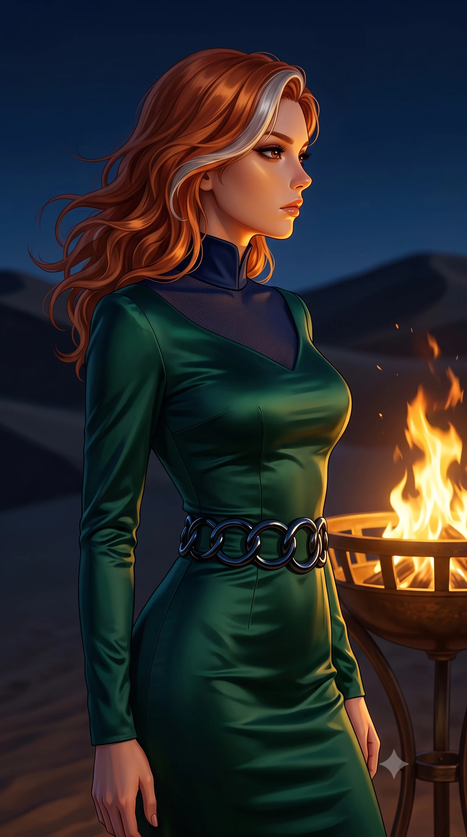 score_9, masterpiece, best quality, ultra-detailed, high-budget anime keyframe, editorial fashion photography, tasteful artistic composition, Caucasian woman. close-up cowboy shot from the waist and thighs up, the character dominates the composition, filling the frame with her large presence, background elements kept in soft focus. Turning her face in sharp dramatic profile against the key light, poised near a flickering bronze brazier as night wind blows over dark dunes, flickering bronze brazier light casting warm golden rays across her body. She has an exceptionally elegant, slender, and willowy female figure with an ultra-slim waist, a gracefully sculpted slender torso, and a refined silhouette. sharp v-shaped jawline, high-bridge nose, intricate jewel-like eyes with depth, thick eyelashes, glossy lips with a natural sheen. wearing long-sleeved dark emerald satin gown with high structured collar in midnight navy blue, made of fine dark contouring mesh, accented with sculpted obsidian chrome rings at the waist, sculpting her athletic slender build with refined precision. bathed in dramatic golden-amber and deep desert sky contrast. highly saturated vibrant anime colors, detailed shading with soft gradients, rich glossy textures, high-contrast stereoscopic depth, volumetric dynamic lighting, master piece, 9:16 ratio