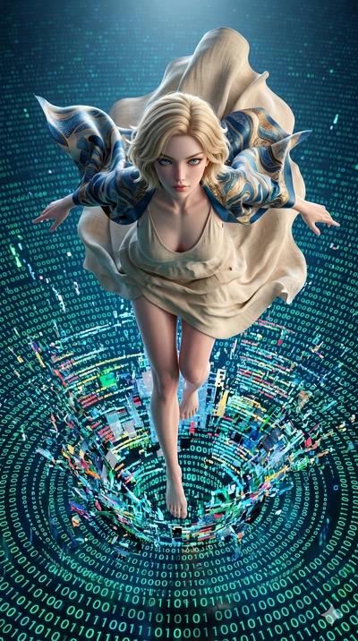 score_9, masterpiece, best quality, ultra-detailed, photorealistic 8k CG, hyper-detailed textures, ray-tracing, Korean woman. Extreme high angle shot as she leaps towards the camera, filling the frame. diving into a digital ocean of binary code, crea