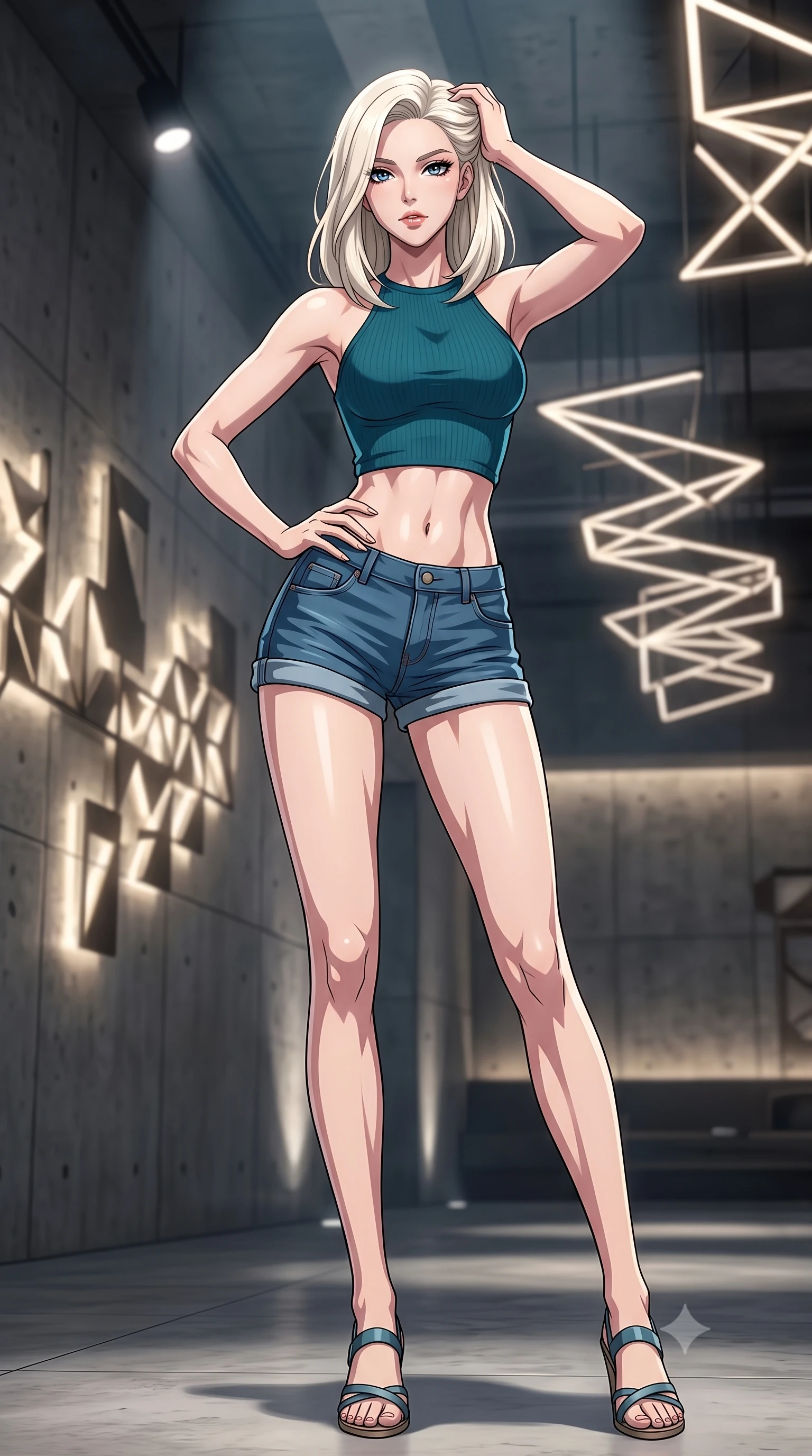 score_9, masterpiece, best quality, ultra-detailed, high-budget anime keyframe, tasteful artistic composition, Caucasian woman. low angle full-body shot from head to toe showing her feet, filling the entire 9:16 vertical frame with her statuesque presence, stretching her vertical silhouette. posing confidently with one hand on her hip, stretching her statuesque body to emphasize her curves the background shows a soft-focus an underground vault lounge with concrete walls and modern geometric light installations. She has an absolutely perfect, statuesque 8.5-heads proportion, an exceptionally tall and slender model-like female figure with impossibly long slender legs and an ultra-slim waist. sharp v-shaped jawline, high-bridge nose, intricate jewel-like eyes with depth, thick eyelashes, glossy lips with a natural sheen. wearing a slim-fit chic knit halter crop top paired with denim micro-shorts, showing her delicately sculpted midriff. focused white spotlights casting clean, structured shadows across her pose. highly saturated vibrant anime colors, cel-shading, 2d style, master piece, 9:16 ratio