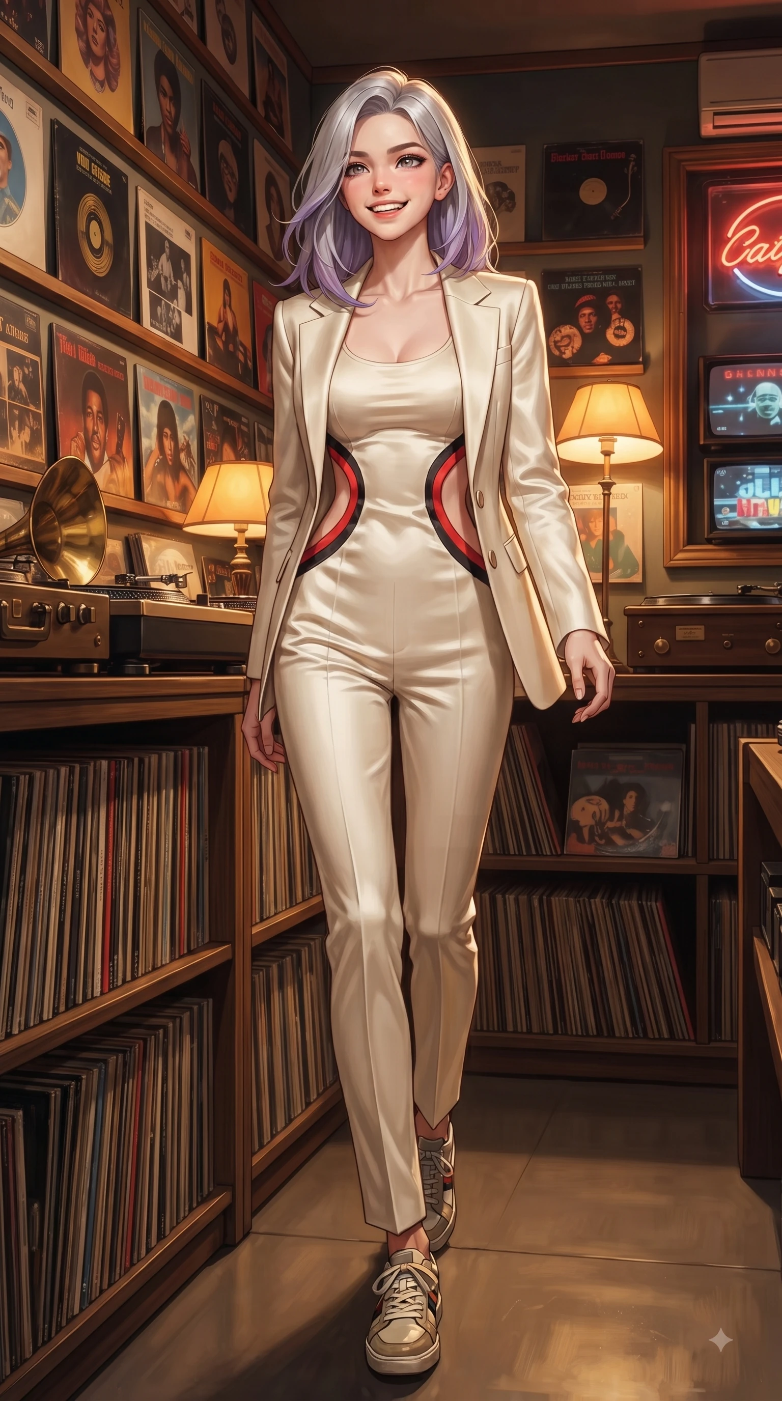 score_9, masterpiece, best quality, ultra-detailed, high-budget anime keyframe, editorial fashion photography, tasteful artistic composition, Caucasian woman. low angle full-body shot from head to toe showing her feet, filling the entire 9:16 vertical frame with her statuesque presence, stretching her vertical silhouette. walking forward in a proud dynamic stride with a cheerful beaming smile, her vertical silhouette filling the frame while leaning against a wall lined with classic vinyl album covers under warm spotlights. The surrounding environment is rendered in vivid detail and crisp panoramic clarity. vintage vinyl album covers, wooden shelving, and brass turntable details in crisp clarity. She has an absolutely perfect, statuesque 8.5-heads proportion, an exceptionally tall and slender model-like female figure with impossibly long slender legs and an ultra-slim waist. sharp v-shaped jawline, high-bridge nose, intricate jewel-like eyes with depth, thick eyelashes, glossy lips with a natural sheen, flawlessly proportioned anatomical accuracy, natural body alignment, perfectly sculpted elegant limbs, clean dynamic posture without body distortion. wearing a tailored cream silk blazer over a fitted scoop-neck camisole and slacks in vibrant scarlet red and sleek black trim, crafted from smooth liquid silk satin, complemented by clean architectural cutouts along her slender torso, the elegant draped fit framing her graceful clavicle and slender torso. bathed in warm golden amber lamp glow and retro neon rim light. ultra-reflective glossy finish, specular highlights, metallic sheen, high-contrast stereoscopic depth, volumetric dynamic lighting, 2k, ultra detail, master piece, 9:16 ratio