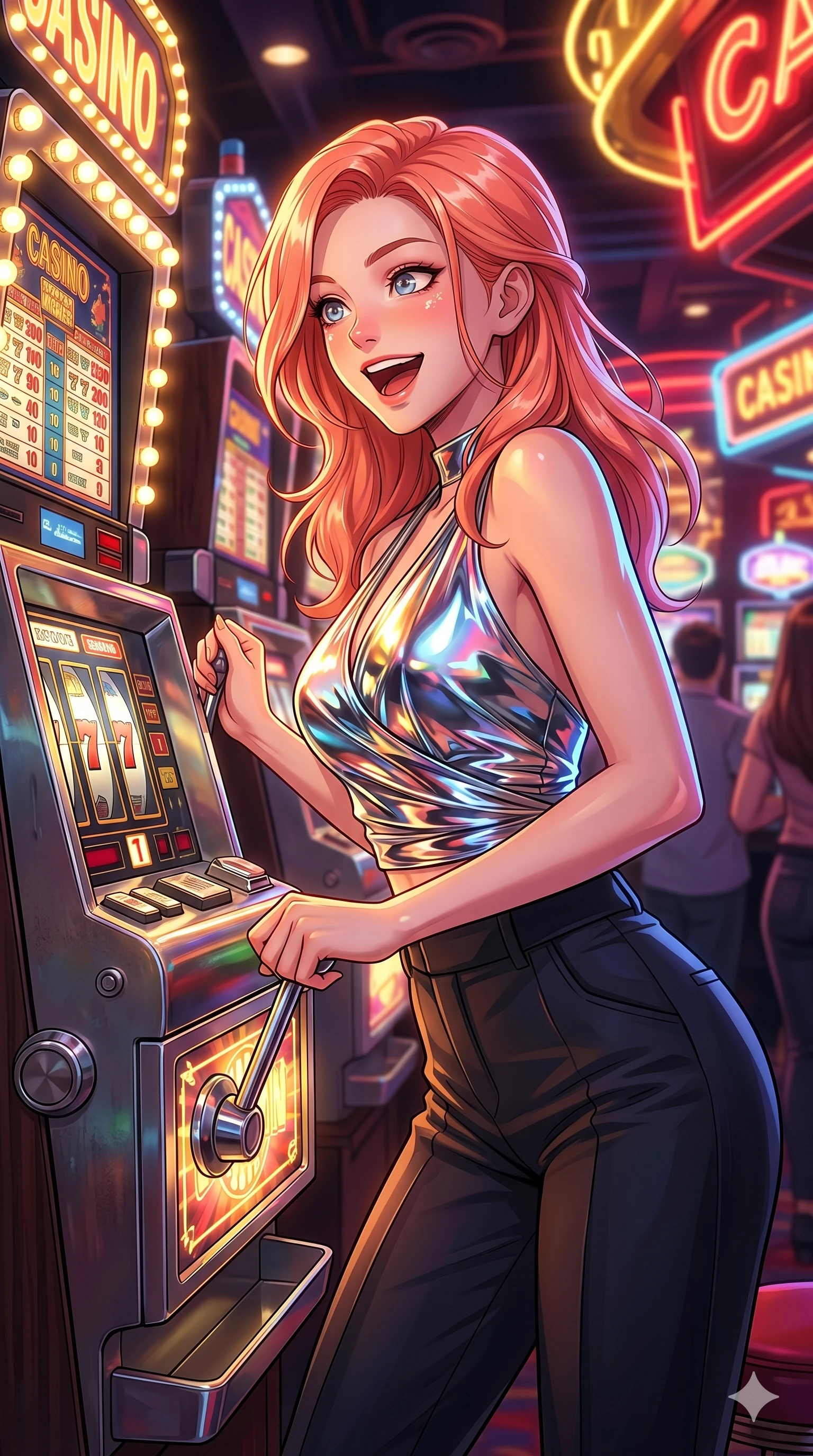 score_9, masterpiece, best quality, ultra-detailed, high-budget anime keyframe, Japanese woman. Upper body close-up from the thighs up, character filling the screen for maximum presence. Standing next to a retro slot machine in a neon casino, pulling the lever, looking back with a excited, happy expression. She is wearing an asymmetrical wrap top in liquid-chrome finish and high-waisted pants. The scene is drenched in flashing gold and red neon lights from the slot machine. 2k, ultra detail, master piece, 9:16 ratio