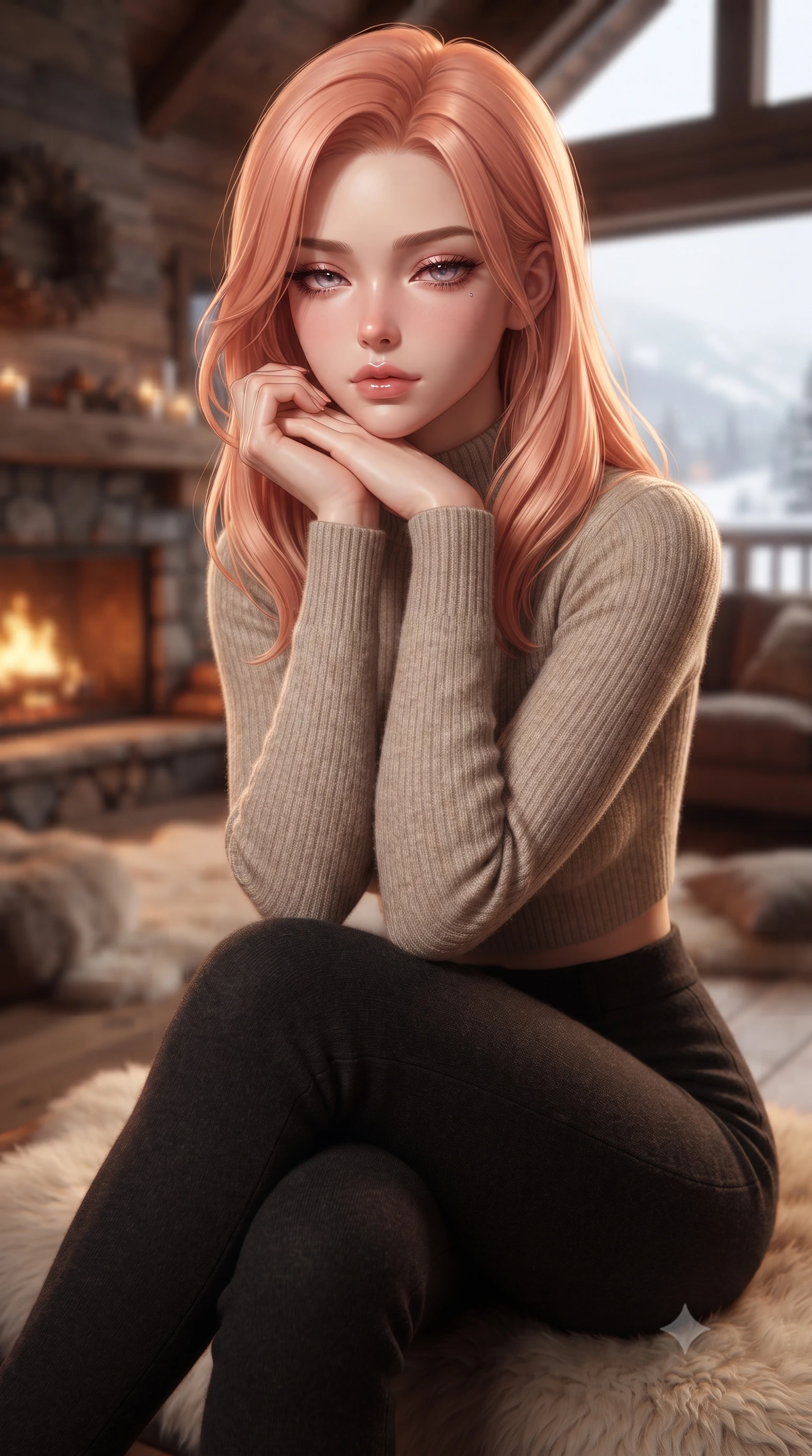 score_9, masterpiece, best quality, ultra-detailed, high-budget anime keyframe, editorial fashion photography, tasteful artistic composition, Japanese woman woman. close-up cowboy shot from the waist and thighs up, the character dominates the composition, filling the frame with her large presence, background elements kept in soft focus. resting her chin on the backs of her fingers, casting a heavy-lidded, sultry look past the camera the background shows a soft-focus a wooden cabin lounge with a rustic fireplace, sheepskin rugs, and a wide window. She has an exceptionally elegant, slender, and willowy female figure with an ultra-slim waist, a gracefully sculpted slender torso, and a refined silhouette. sharp v-shaped jawline, high-bridge nose, intricate jewel-like eyes with depth, thick eyelashes, glossy lips with a natural sheen. wearing a form-contouring tight-fitting crop sweater in oatmeal wool, paired with high-waisted form-fitting pants. warm glowing firelight casting soft cozy shadows over her relaxed pose. ultra-reflective glossy finish, specular highlights, metallic sheen, high-contrast stereoscopic depth, volumetric dynamic lighting, 2k, ultra detail, master piece, 9:16 ratio