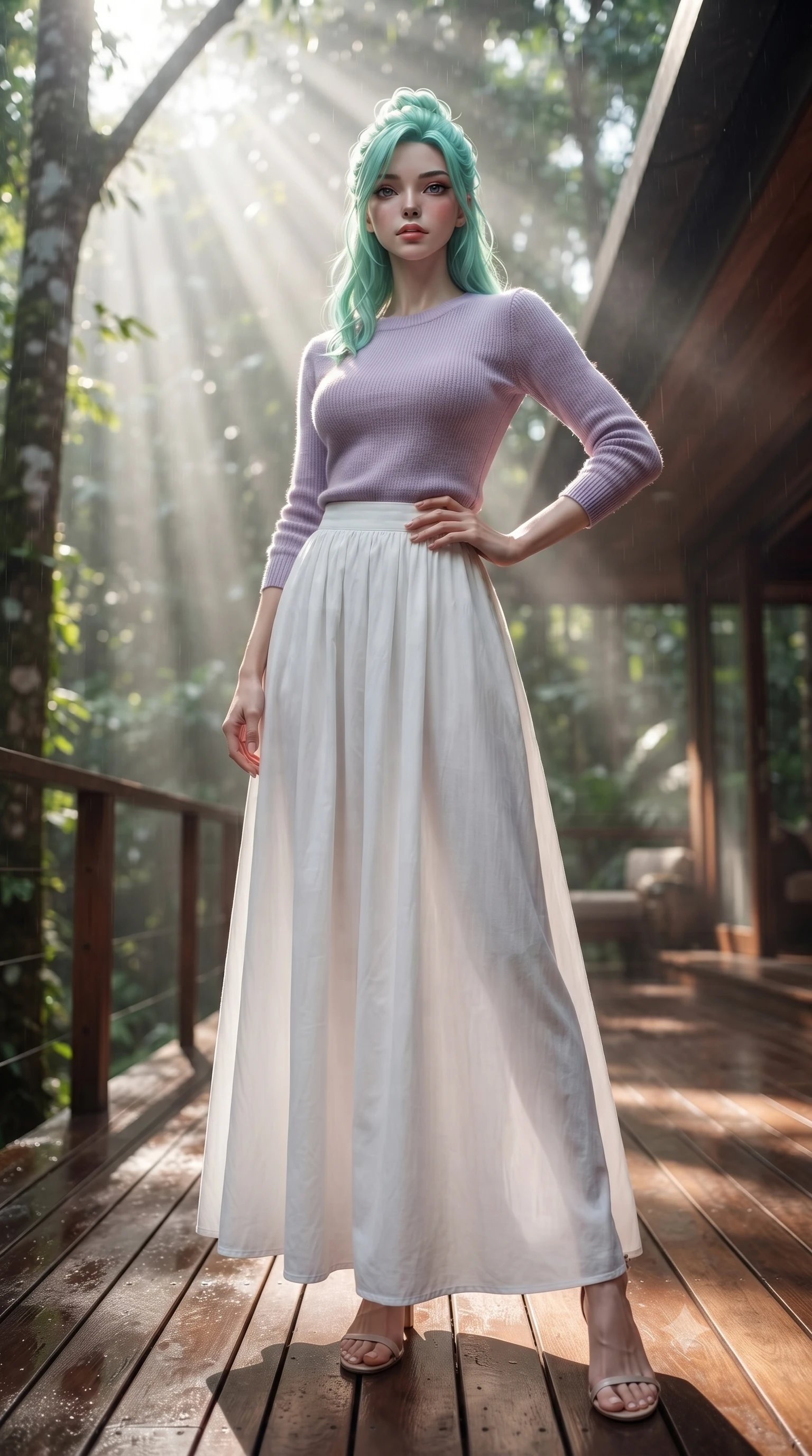 score_9, masterpiece, best quality, ultra-detailed, high-budget anime keyframe, editorial fashion photography, tasteful artistic composition, Japanese woman woman. low angle full-body shot from head to toe showing her feet, filling the entire 9:16 vertical frame with her statuesque presence, stretching her vertical silhouette. posing confidently with one hand on her hip, stretching her statuesque body to emphasize her curves the background shows a soft-focus a wooden deck of a modern villa suspended high in the canopy of a tropical forest. She has an absolutely perfect, statuesque 8.5-heads proportion, an exceptionally tall and slender model-like female figure with impossibly long slender legs and an ultra-slim waist. sharp v-shaped jawline, high-bridge nose, intricate jewel-like eyes with depth, thick eyelashes, glossy lips with a natural sheen. wearing a slim-fit soft lavender knit sweater paired with a flowy white cotton maxi skirt. sunbeams slicing through the damp forest air, creating volumetric light rays. ultra-reflective glossy finish, specular highlights, metallic sheen, high-contrast stereoscopic depth, volumetric dynamic lighting, 2k, ultra detail, master piece, 9:16 ratio