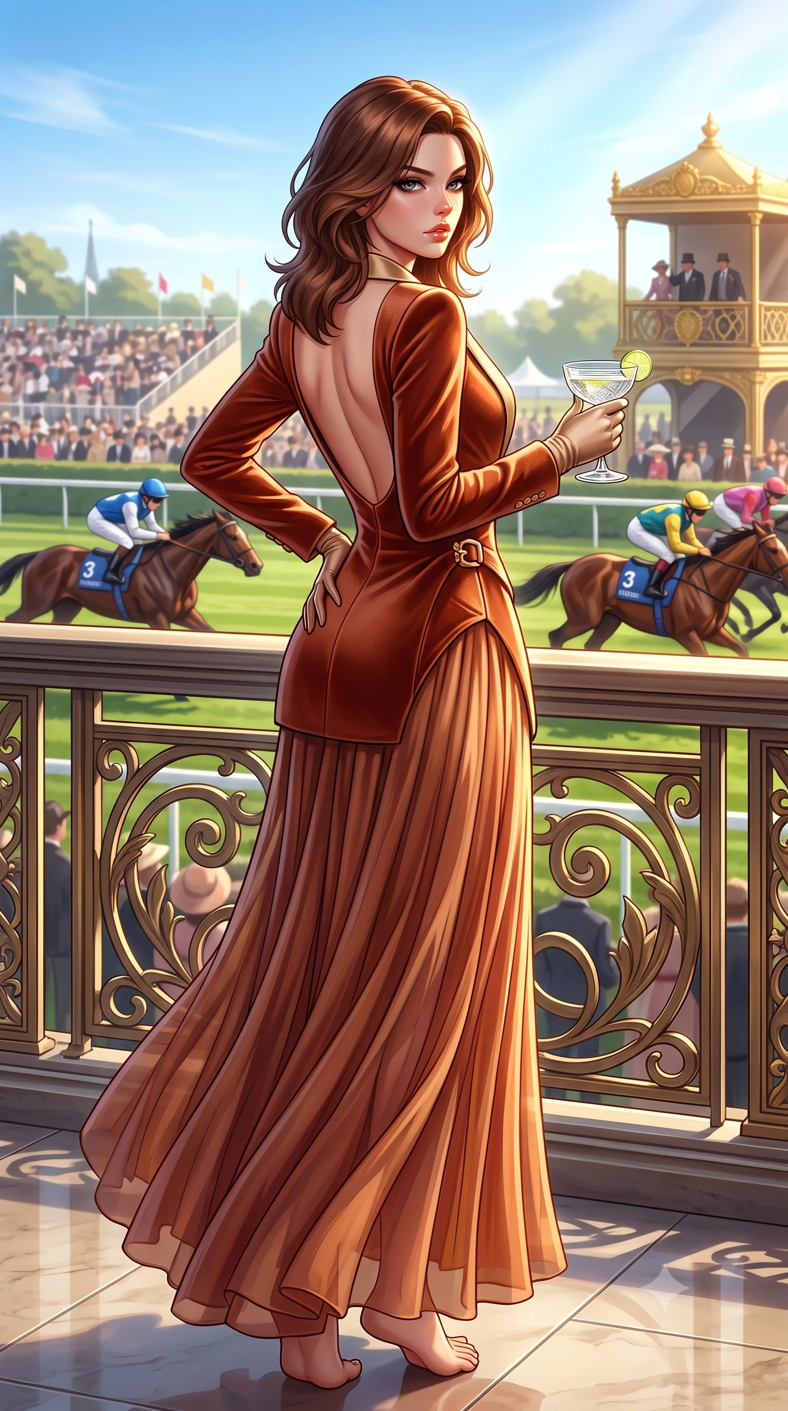 score_9, masterpiece, best quality, ultra-detailed, high-budget anime keyframe, semi-realistic 3D game render, editorial fashion photography, tasteful artistic composition, Korean woman. low angle full-body shot from head to toe showing her feet, filling the entire 9:16 vertical frame with her statuesque presence, stretching her vertical silhouette. posing with back turned slightly to the lens, glancing back with smoldering allure as she arches her lower back to emphasize her sculpted feminine hips and slender waist while resting one manicured hand delicately on her hip bone while gazing through thick eyelashes at the passing racehorses, parted glossy lips catching the sunlight. The surrounding environment is rendered in vivid detail and crisp panoramic clarity. brilliant British high-society afternoon chiaroscuro and aristocratic derby glamour aesthetics in precision. She has an exceptionally tall and slender model-like 8.5-heads proportion, an ultra-slim waist, a flat toned midriff, narrow delicate ribcage, and beautifully sculpted feminine hips creating a graceful, slim hourglass silhouette without any bulky heaviness, with impossibly long slender legs. sharp v-shaped jawline, high-bridge nose, intricate jewel-like eyes with depth, thick eyelashes, glossy parted lips with a natural sheen, intensely captivating and seductive bedroom-eyes expression, flawlessly proportioned anatomical accuracy, strict slender model proportions, natural body alignment, perfectly sculpted long slender limbs, ultra-slim waistline, clean dynamic posture without body distortion. wearing a tailored velvet tuxedo jacket dress with satin lapels, worn with a deep plunge neckline and gold hip buckle in desert terracotta copper and sun-baked sand gold, woven from layered gossamer chiffon with a weightless sweeping drape, accessorized with opera-length satin gloves and a vintage crystal glass, the precision-cut side openings and low-back scoop framing her graceful spine and the sensual sweep of her slim, toned hips. illuminated by sharp specular highlights carving her sculpted collarbones, flat toned midriff, and rounded hips. highly saturated vibrant anime colors, detailed shading with soft gradients, rich glossy textures, high-contrast stereoscopic depth, volumetric dynamic lighting, master piece, 9:16 ratio