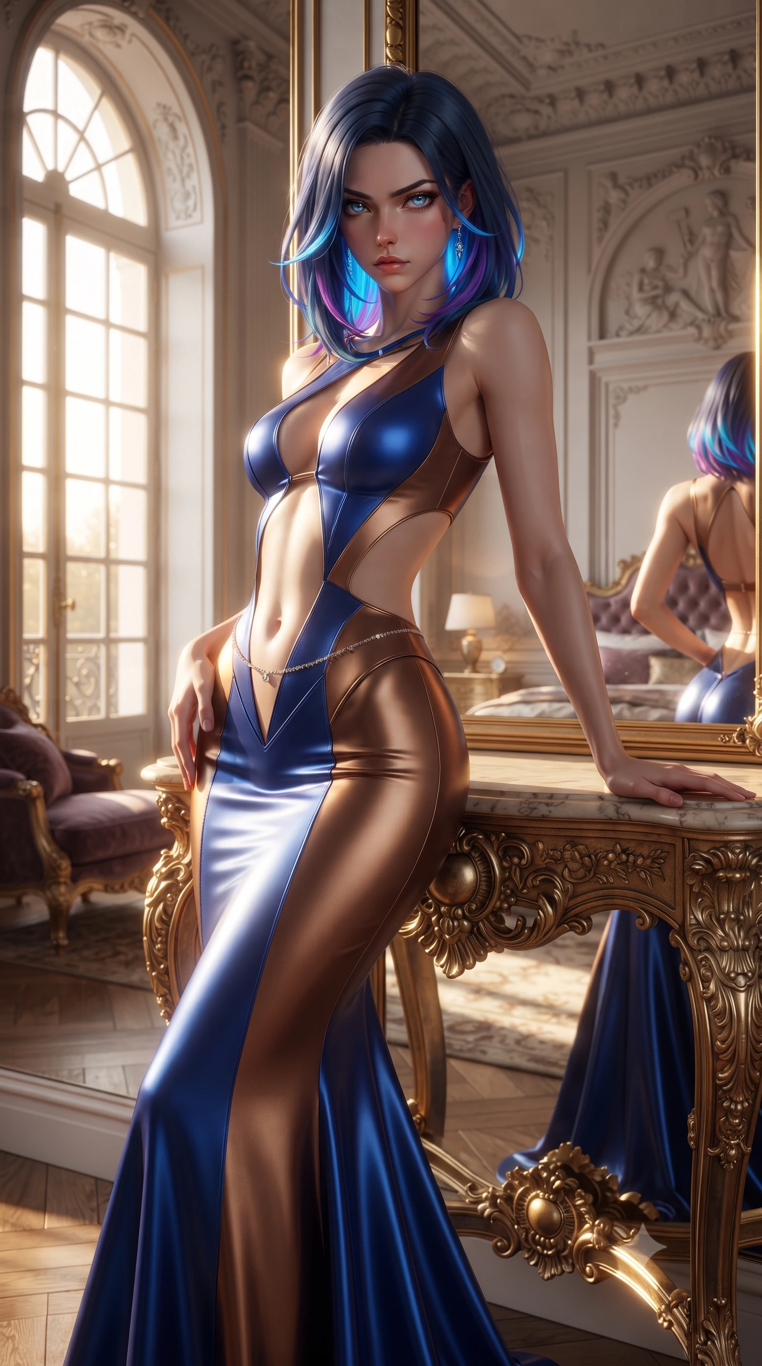 score_9, masterpiece, best quality, ultra-detailed, high-budget anime keyframe, editorial fashion photography, tasteful artistic composition, Caucasian woman. close-up cowboy shot from the waist and thighs up, the character dominates the composition, filling the frame with her large presence. arching her spine backward with effortless dancer poise, one hand sliding along her hip line as directional light carves specular highlights along her silhouette while leaning back against a carved gilded console table with hips cocked, casting a haughty, aristocratic bedroom-gaze into the mirrored infinity. The surrounding environment is rendered in vivid detail and crisp panoramic clarity. detailed gown velvet texture, gilded mirror reflection clarity, and baroque architectural reliefs in high resolution. She has an exceptionally elegant, slender, and willowy female figure with an ultra-slim waist, flat toned midriff, narrow ribcage, and sculpted feminine hips creating an alluring, slim hourglass silhouette without bulk. sharp v-shaped jawline, high-bridge nose, intricate jewel-like eyes with depth, thick eyelashes, glossy parted lips with a natural sheen, intensely captivating and seductive bedroom-eyes expression, flawlessly proportioned anatomical accuracy, strict slender model proportions, natural body alignment, perfectly sculpted long slender limbs, ultra-slim waistline, clean dynamic posture without body distortion. wearing a sculptured liquid-satin mermaid gown with an architectural open-waist cutout and bare spine in royal sapphire blue and liquid bronze, formed from supple second-skin lambskin leather with specular sheen, accented with a dainty diamond waist chain catching the ambient light reflections, the second-skin form-contouring cut accentuating her sculpted flat midriff, narrow delicate ribcage, and gracefully curvy hips with supermodel precision. bathed in dramatic golden hour sunset backlighting through towering French arched windows. ultra-reflective glossy finish, specular highlights, rich textural contrasts, high-contrast stereoscopic depth, volumetric dynamic lighting, 2k, ultra detail, master piece, 9:16 ratio