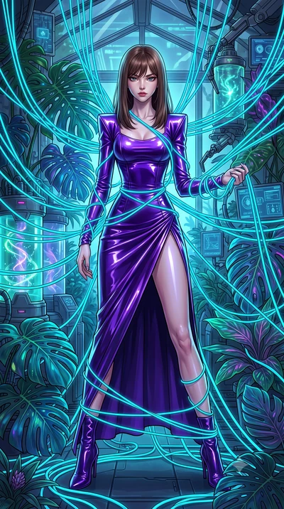 score_9, masterpiece, best quality, ultra-detailed, High-budget Anime Keyframe, East Asian woman. Dynamic full-body shot stretching the vertical silhouette to the limit. Scenario 512: tangled in a web of glowing cyan fiber-optic cables inside a cyber