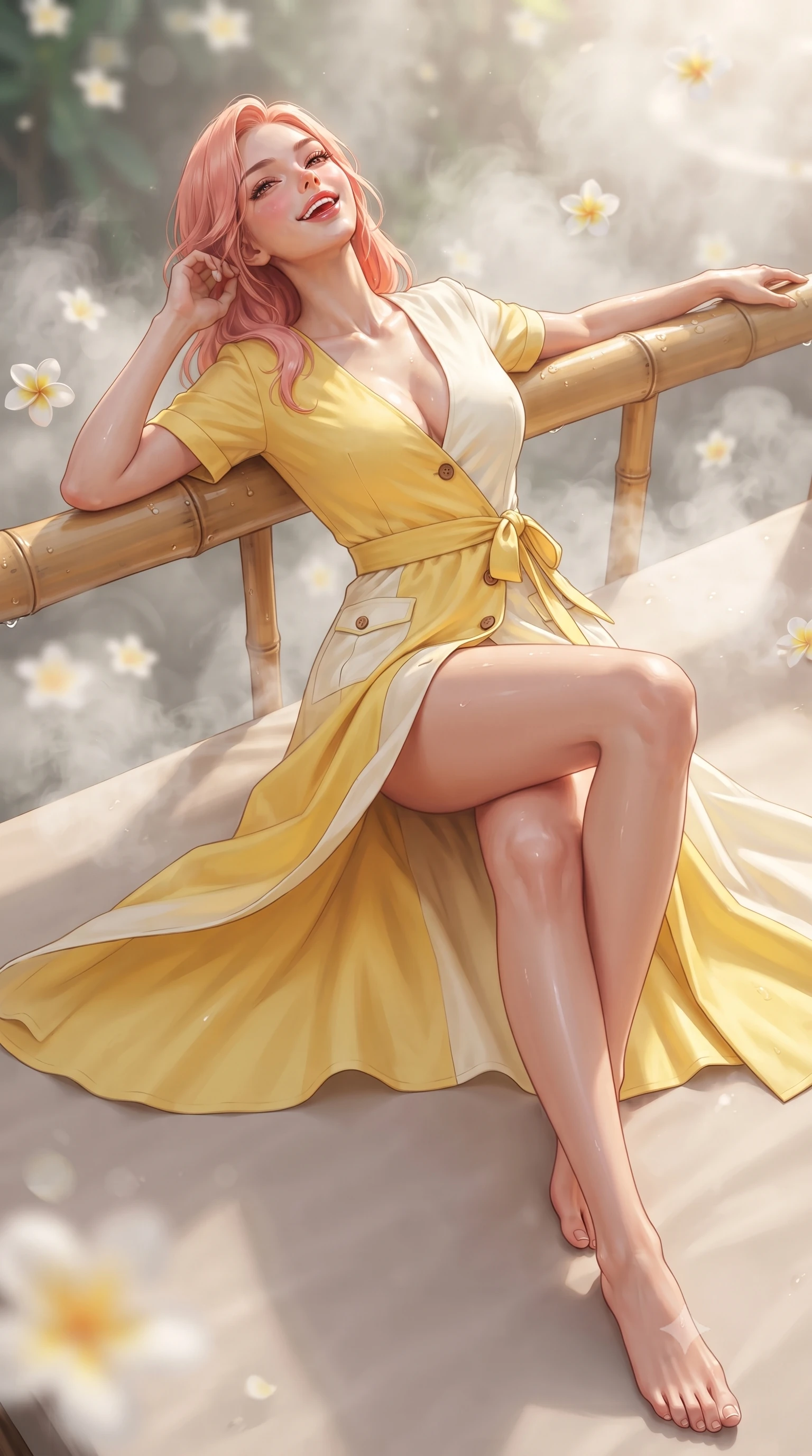 score_9, masterpiece, best quality, ultra-detailed, high-budget anime keyframe, editorial fashion photography, tasteful artistic composition, Japanese woman. low angle full-body shot from head to toe showing her feet, filling the entire 9:16 vertical frame with her statuesque presence, stretching her vertical silhouette. reclining languidly on her side across the sunbed with one knee drawn up, her radiant smile and arched hip curve commanding the 9:16 vertical frame with youthful sensual charisma while leaning back against the smooth curved bamboo railing, head tilted back toward the sky with parted glossy lips in pure joyful relaxation. The composition keeps background elements in soft focus with dreamy creamy bokeh. rising morning mist vapors and floating frangipani blossoms softened in exotic Balinese shallow focus. She has an exceptionally tall and slender model-like 8.5-heads proportion, an ultra-slim waist, a flat toned midriff, narrow delicate ribcage, and beautifully sculpted feminine hips creating a graceful, slim hourglass silhouette without any bulky heaviness, with impossibly long slender legs. sharp v-shaped jawline, high-bridge nose, intricate jewel-like sparkling eyes with depth, thick eyelashes, glossy parted lips with a natural peach sheen, bright cheerful beaming smile with an enchanting and coquettish sensual glint, exuding both youthful cute charm and seductive allure, flawlessly proportioned anatomical accuracy, strict slender model proportions, natural body alignment, perfectly sculpted long slender limbs, ultra-slim waistline, clean dynamic posture without body distortion. wearing a breezy wrap mini dress with a deep V-neckline and tie-waist accentuating her sculpted flat midriff and hips in bright butter yellow and fresh cream white, tailored from crisp cotton poplin with clean structural lines, finished with neat front wooden buttons and delicate pocket details, the liquid-tight tailored fabric clinging flawlessly to her narrow waist and rounded feminine hips, emphasizing every millimeter of her sculpted slim hourglass curves without any bulky heaviness. illuminated by wet specular pool highlights accentuating her slender neckline, narrow waist, and curvy hips. ultra-reflective glossy finish, specular highlights, rich textural contrasts, high-contrast stereoscopic depth, volumetric dynamic lighting, 2k, ultra detail, master piece, 9:16 ratio
