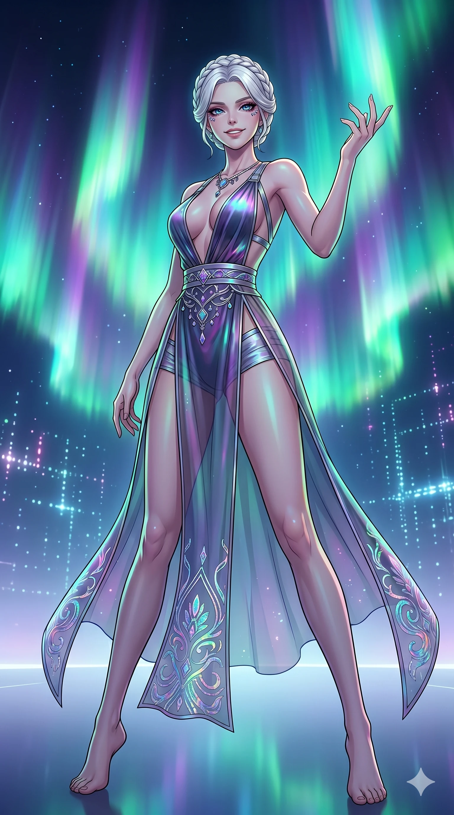 score_9, masterpiece, best quality, ultra-detailed, high-budget anime movie keyframe, cinematic anime lighting, intricate line art, Caucasian (strictly human ears) woman. Low angle cowboy shot filling the entire 9:16 frame with her statuesque presence. standing victoriously in a minimalist digital void amidst aurora borealis. She has an absolutely perfect 8-heads proportion, an exceptionally tall and slender female figure with an ultra-slim waist and impossibly long slender legs. sharp v-shaped jawline, high-bridge nose, intricate jewel-like eyes, thick eyelashes, glossy lips. Wearing modernized deep-plunging silk hanbok-fusion with metallic straps, a high-slit sheer skirt over micro-shorts, and holographic embroidered patterns. The scene is illuminated by dramatic atmospheric lighting and vibrant color palettes. , 2k, ultra detail, master piece, 9:16 ratio