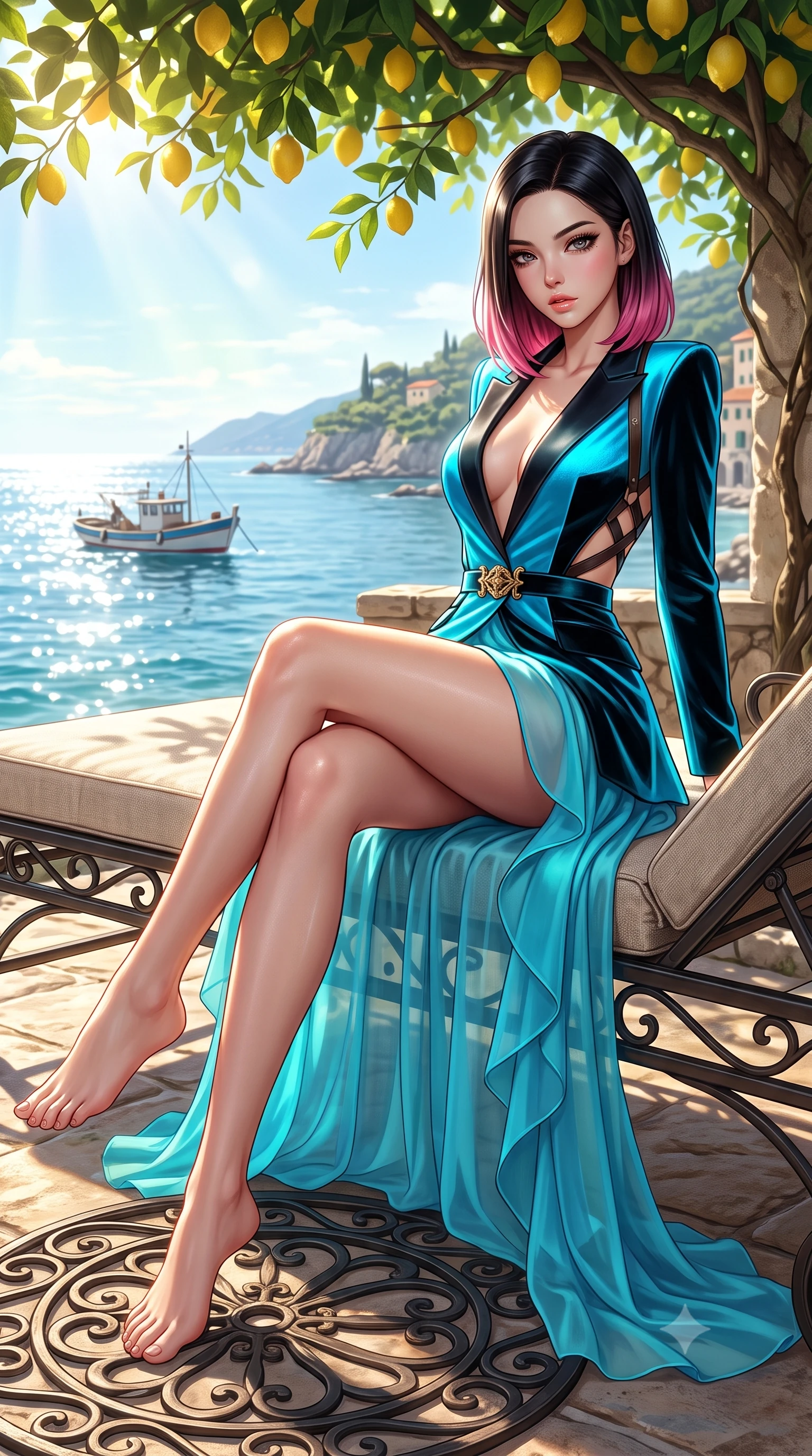 score_9, masterpiece, best quality, ultra-detailed, high-budget anime keyframe, semi-realistic 3D game render, editorial fashion photography, tasteful artistic composition, Korean woman. low angle full-body shot from head to toe showing her feet, filling the entire 9:16 vertical frame with her statuesque presence, stretching her vertical silhouette. sitting perched on the elevated edge with hips angled toward the camera and legs crossed, displaying her toned midriff and flawlessly sculpted slender limbs while reclining languidly across a wrought-iron sunbed under the leafy lemon canopy, her long slender legs and feminine curves bathed in dappled golden light. The surrounding environment is rendered in vivid detail and crisp panoramic clarity. detailed linen sundress weave, sun-dappled skin highlights, and distant fishing boat clarity in high resolution. She has an exceptionally tall and slender model-like 8.5-heads proportion, an ultra-slim waist, a flat toned midriff, narrow delicate ribcage, and beautifully sculpted feminine hips creating a graceful, slim hourglass silhouette without any bulky heaviness, with impossibly long slender legs. sharp v-shaped jawline, high-bridge nose, intricate jewel-like eyes with depth, thick eyelashes, glossy parted lips with a natural sheen, intensely captivating and seductive bedroom-eyes expression, flawlessly proportioned anatomical accuracy, strict slender model proportions, natural body alignment, perfectly sculpted long slender limbs, ultra-slim waistline, clean dynamic posture without body distortion. wearing a tailored velvet tuxedo jacket dress with satin lapels, worn with a deep plunge neckline and gold hip buckle in neon electric cyan and lacquer black, woven from layered gossamer chiffon with a weightless sweeping drape, featuring an open-back criss-cross harness strap in dark leather, the glove-like aerodynamic silhouette tightly following the natural contour of her hips and long slender legs with statuesque 8.5-heads elegance. illuminated by intense specular sea surface glints defining her sculpted collarbones, narrow waist, and curvy hips. highly saturated vibrant anime colors, detailed shading with soft gradients, rich glossy textures, high-contrast stereoscopic depth, volumetric dynamic lighting, master piece, 9:16 ratio