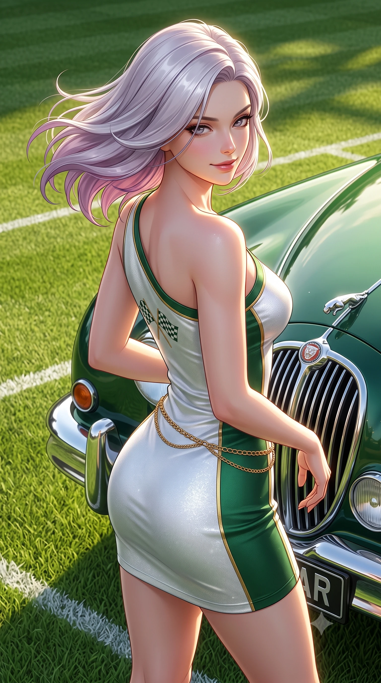 score_9, masterpiece, best quality, ultra-detailed, high-budget anime keyframe, semi-realistic 3D game render, editorial fashion photography, tasteful artistic composition, Caucasian woman. close-up cowboy shot from the waist and thighs up, the character dominates the composition, filling the frame with her large presence. turning slowly with a smoldering smile, her glossy hair tossing in the breeze as her hips angle gracefully in a captivating contrapposto while twisting her slender torso in an alluring contrapposto stance, English summer sunbeams highlighting her crisp white tennis fit and curvy hips. The surrounding environment is rendered in vivid detail and crisp panoramic clarity: sharp cut grass blade textures, chalk line demarcations, and vintage Jaguar chrome bumper reflections in deep focus. She has an exceptionally elegant, slender, and willowy female figure with an ultra-slim waist, flat toned midriff, narrow ribcage, and sculpted feminine hips creating an alluring, slim hourglass silhouette without bulk. sharp v-shaped jawline, high-bridge nose, sparkling eyes with athletic focus and depth, thick curled eyelashes, glossy parted lips with a natural coral-peach sheen, bright confident and coquettish smile with alluring bedroom-eyes, exuding both youthful sporty vigor and sovereign high-society glamour, flawlessly proportioned anatomical accuracy, strict slender model proportions, natural body alignment, perfectly sculpted long slender limbs, ultra-slim waistline, clean dynamic posture without body distortion. wearing an asymmetric one-shoulder metallic racing mini dress with checkered flag embroidery hugging her narrow waist and hips in crisp Wimbledon white and British racing green with gold accents, woven from metallic lurex and technical nylon with subtle starlight glints, accented with a delicate gold chain belt resting loosely on her curvy hips, the glove-like aerodynamic silhouette tightly following the natural contour of her hips and long slender legs with youthful 8.5-heads elegance. illuminated by emerald grass bounce fill and crisp white-gold rim lighting defining her sculpted collarbones, ultra-slim waist, and curvy hips. highly saturated vibrant anime colors, detailed shading with soft gradients, rich glossy textures, high-contrast stereoscopic depth, volumetric dynamic lighting, master piece, 9:16 ratio