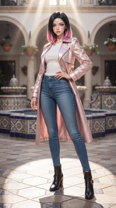 score_9, masterpiece, best quality, ultra-detailed, high-budget anime keyframe, editorial fashion photography, tasteful artistic composition, Korean woman woman. low angle full-body shot from head to toe showing her feet, filling the entire 9:16 vert