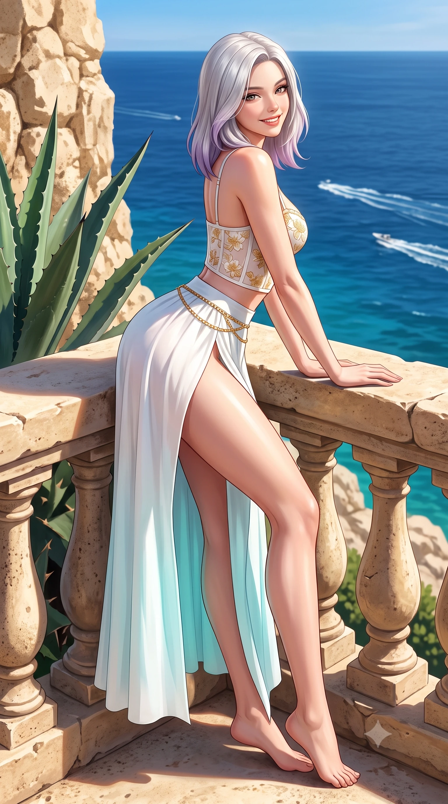 score_9, masterpiece, best quality, ultra-detailed, high-budget anime keyframe, semi-realistic 3D game render, editorial fashion photography, tasteful artistic composition, Caucasian woman. low angle full-body shot from head to toe showing her feet, filling the entire 9:16 vertical frame with her statuesque presence, stretching her vertical silhouette. leaning deep against the sunlit architecture with hips cocked back in a cute yet unapologetically alluring high-fashion stance, flashing a warm beaming smile while leaning back against the rustic limestone terrace railing with hips cocked back, looking over her shoulder with an alluring, luxurious bedroom-gaze. The surrounding environment is rendered in vivid detail and crisp panoramic clarity. sharp agave leaf thorn textures, porous limestone rock textures, and yacht wake lines in deep focus. She has an exceptionally tall and slender model-like 8.5-heads proportion, an ultra-slim waist, a flat toned midriff, narrow delicate ribcage, and beautifully sculpted feminine hips creating a graceful, slim hourglass silhouette without any bulky heaviness, with impossibly long slender legs. sharp v-shaped jawline, high-bridge nose, intricate jewel-like sparkling eyes with depth, thick eyelashes, glossy parted lips with a natural peach sheen, bright cheerful beaming smile with an enchanting and coquettish sensual glint, exuding both youthful cute charm and seductive allure, flawlessly proportioned anatomical accuracy, strict slender model proportions, natural body alignment, perfectly sculpted long slender limbs, ultra-slim waistline, clean dynamic posture without body distortion. wearing a delicate floral embroidery bustier top paired with a flowy high-slit chiffon maxi skirt with a side hip opening in pure alabaster white and sun-kissed gold, tailored from crisp cotton poplin with clean structural lines, accented with a delicate gold chain belt resting loosely on her curvy hips, the high-waisted tailoring accentuating her ultra-slim waistline and the enchanting curve of her feminine hips with alluring charm. illuminated by radiant turquoise sea bounce fill sharply carving her razor-sharp jawline, narrow waist, and curvy hips. highly saturated vibrant anime colors, detailed shading with soft gradients, rich glossy textures, high-contrast stereoscopic depth, volumetric dynamic lighting, master piece, 9:16 ratio