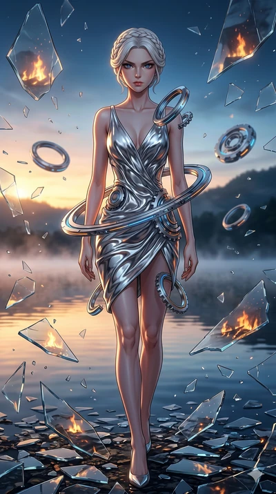 score_9, masterpiece, best quality, ultra-detailed, Set A: High-budget Anime Keyframe, Japanese woman. Upper body close-up from the thighs up, character filling the screen for maximum presence. Walking gracefully through a misty lakeside at dawn, wit