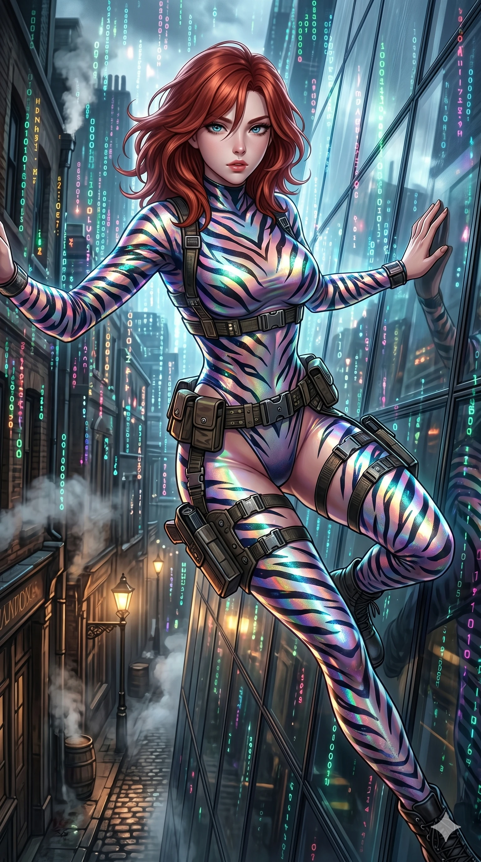 score_9, masterpiece, best quality, ultra-detailed, Set A: High-budget Anime Keyframe, Japanese woman. Upper body close-up from the thighs up, character filling the screen for maximum presence. Theme: Primal Nature. sliding down a glass skyscraper in a steampunk London alleyway, as a digital rain of 217 symbols washes over her. The atmosphere is filled with a blizzard of digital pixels. She has an absolutely perfect 8-heads proportion, an exceptionally tall and slender female figure with impossibly long slender legs and an ultra-slim waist. Sharp v-shaped jawline, high-bridge nose, intricate jewel-like eyes with depth, glossy lips. Wearing Holographic tiger-stripe bodysuit with a high-cut leg line and tactical belts. Cinematic lighting, vivid colors, dramatic shadows, 2k, ultra detail, master piece, 9:16 ratio