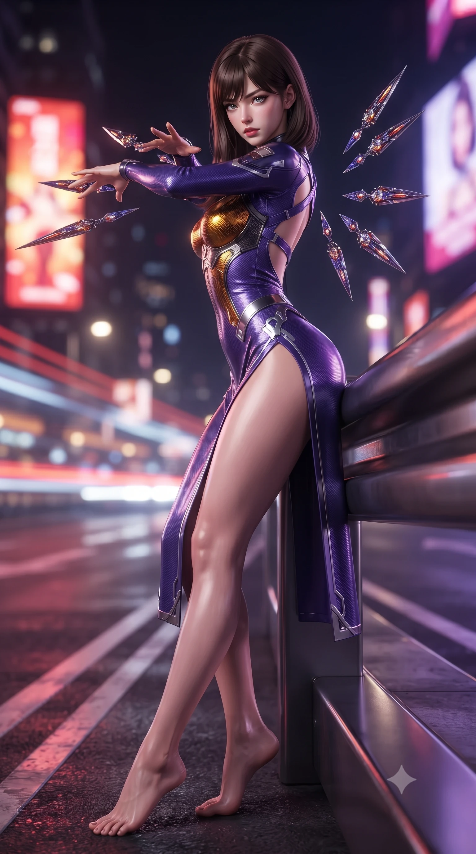 score_9, masterpiece, best quality, ultra-detailed, high-budget anime keyframe, editorial fashion photography, tasteful artistic composition, Korean woman. low angle full-body shot from head to toe showing her feet, filling the entire 9:16 vertical frame with her statuesque presence, stretching her vertical silhouette. arching her spine in a fluid zero-gravity combat turn with sovereign grace, her long slender legs and sculpted torso creating a sweeping line of power while leaning against a sleek highway divider barrier with blades resting at her sides, looking into the lens with a dangerous smolder. The composition keeps background elements in soft focus with creamy bokeh. streaking cyber-traffic light trails and giant holographic billboards blurred into dazzling crimson, amber, and violet bokeh. She has an absolutely perfect, statuesque 8.5-heads proportion, an exceptionally tall and slender model-like female figure with impossibly long slender legs, a toned flat midriff, and an ultra-slim waist. sharp v-shaped jawline, high-bridge nose, intricate jewel-like eyes with depth, thick eyelashes, glossy lips with a natural sheen, flawlessly proportioned anatomical accuracy, strict slender model proportions, natural body alignment, perfectly sculpted long slender limbs, ultra-slim waistline, clean dynamic posture without body distortion. wearing a precision-fitted royal purple carbon-fiber battle-dress with high-slit tactical skirt and silver accents, directing eight floating nano-crystal funnel blades with sovereign gestures in molten amber-gold carbon cuirass with dark titanium weave, made of liquid carbon-jersey fabric adhering flawlessly to her sculpted silhouette, complemented by criss-cross back harness straps highlighting her completely bare spine, the precision-cut daring openings accentuating her delicate midriff, graceful bare collarbones, and ultra-slim feminine waistline. surrounded by a fast, fierce, and intoxicatingly seductive cyber-assassin muse aura. ultra-reflective glossy finish, specular highlights, dark metallic sheen, high-contrast stereoscopic depth, volumetric dynamic lighting, 2k, ultra detail, master piece, 9:16 ratio