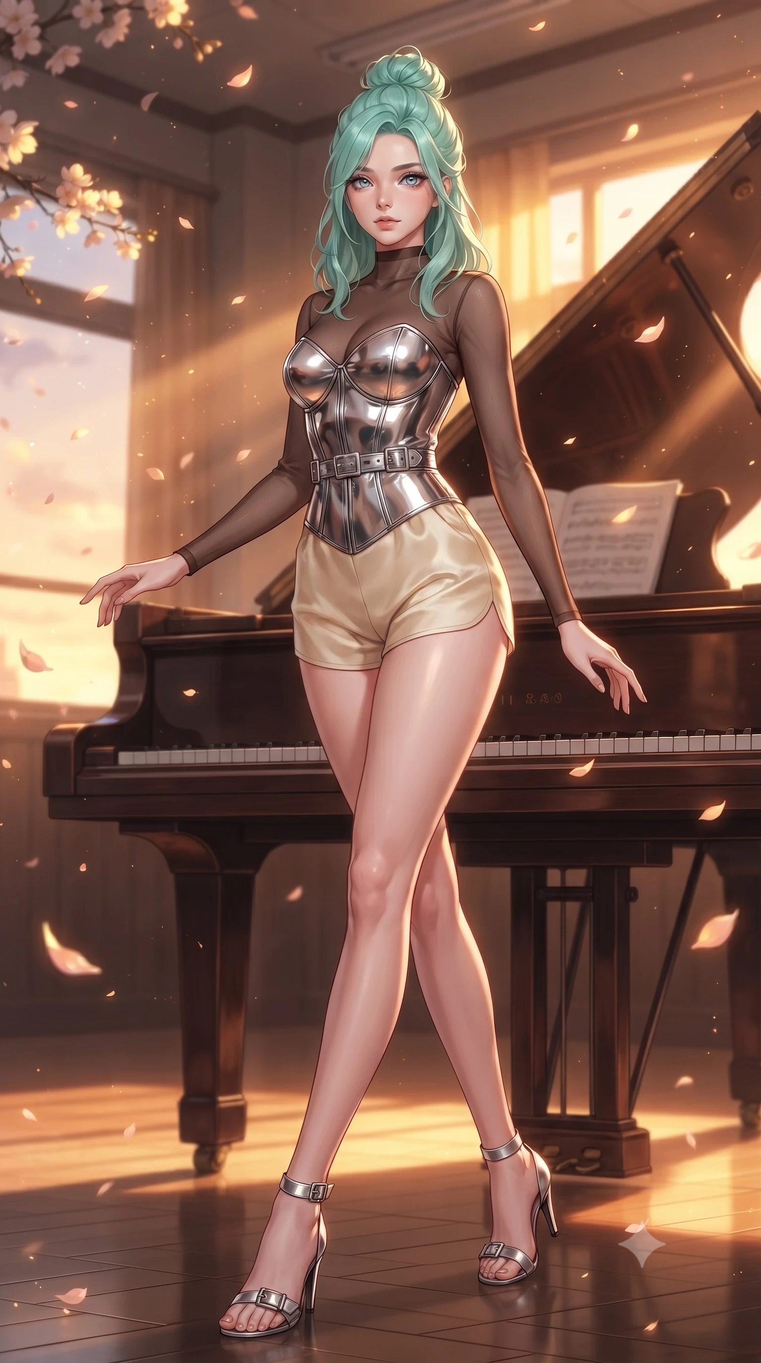 score_9, masterpiece, best quality, ultra-detailed, high-budget anime keyframe, editorial fashion photography, tasteful artistic composition, Japanese woman. low angle full-body shot from head to toe showing her feet, filling the entire 9:16 vertical frame with her statuesque presence, stretching her vertical silhouette. forging dynamically through the scene, her vertical silhouette beautifully stretched poised beside an antique grand piano in an empty music classroom at dusk, fluttering cherry blossom petals catching warm golden sunset highlights. She has an absolutely perfect, statuesque 8.5-heads proportion, an exceptionally tall and slender model-like female figure with impossibly long slender legs and an ultra-slim waist. sharp v-shaped jawline, high-bridge nose, intricate jewel-like eyes with depth, thick eyelashes, glossy lips with a natural sheen. wearing a chrome-plated structured bodice worn over a sheer mesh top and micro-shorts in espresso brown and warm cream, crafted from smooth liquid silk, detailed with polished silver buckles along the waistline, the elegant draped fit framing her graceful clavicle and slender torso. bathed in brilliant golden hour sunset rays and warm amber ambient light. highly saturated vibrant anime colors, detailed shading with soft gradients, rich glossy textures, high-contrast stereoscopic depth, volumetric dynamic lighting, master piece, 9:16 ratio