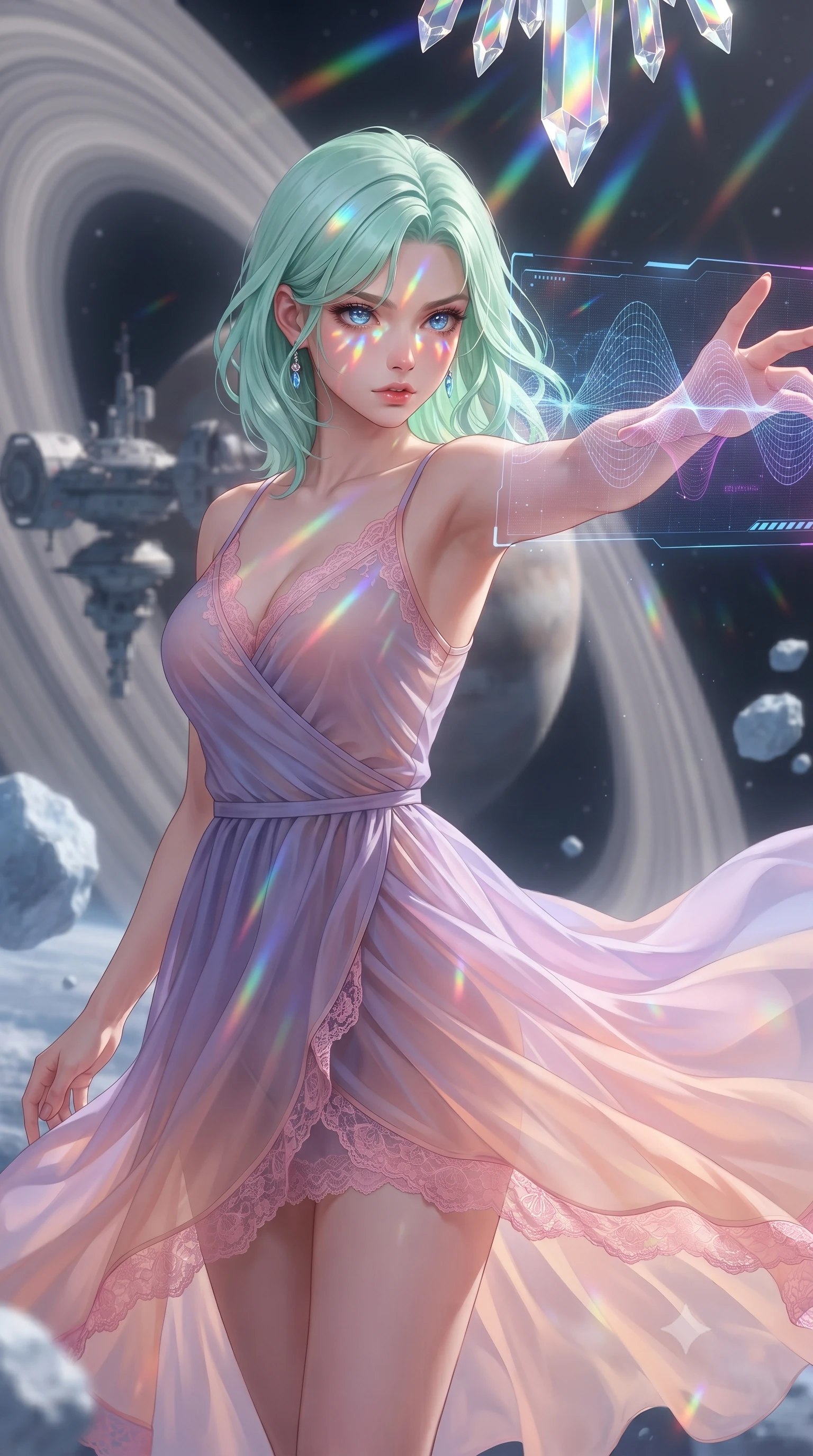 score_9, masterpiece, best quality, ultra-detailed, high-budget anime keyframe, editorial fashion photography, tasteful artistic composition, realistic cosplay photography, Japanese woman. close-up cowboy shot from the waist and thighs up, the character dominates the composition, filling the frame with her large presence, background elements kept in soft focus. Casting a digital tracking wave with an outstretched hand, her gaze locked on the escaping target. set against a soft-focus background of a space station positioned in the gap of a massive planetary ring system, ice boulders floating nearby in silence. She has an exceptionally elegant and slender, willowy female figure with an ultra-slim waist, a gracefully sculpted slender torso, and a refined slim physique. sharp v-shaped jawline, high-bridge nose, intricate jewel-like eyes with depth, thick eyelashes, glossy lips with a natural sheen. wearing the lightweight fabric rippling and billowing dramatically with her movement, a body-hugging translucent chiffon wrap dress in a lavender-to-peach gradient, revealing her slender silhouette, detailed with pink lace. cascading rainbow prismatic light refracting through crystal formations overhead. ultra-reflective glossy finish, specular highlights, metallic sheen, high-contrast stereoscopic depth, volumetric dynamic lighting, 2k, ultra detail, master piece, 9:16 ratio