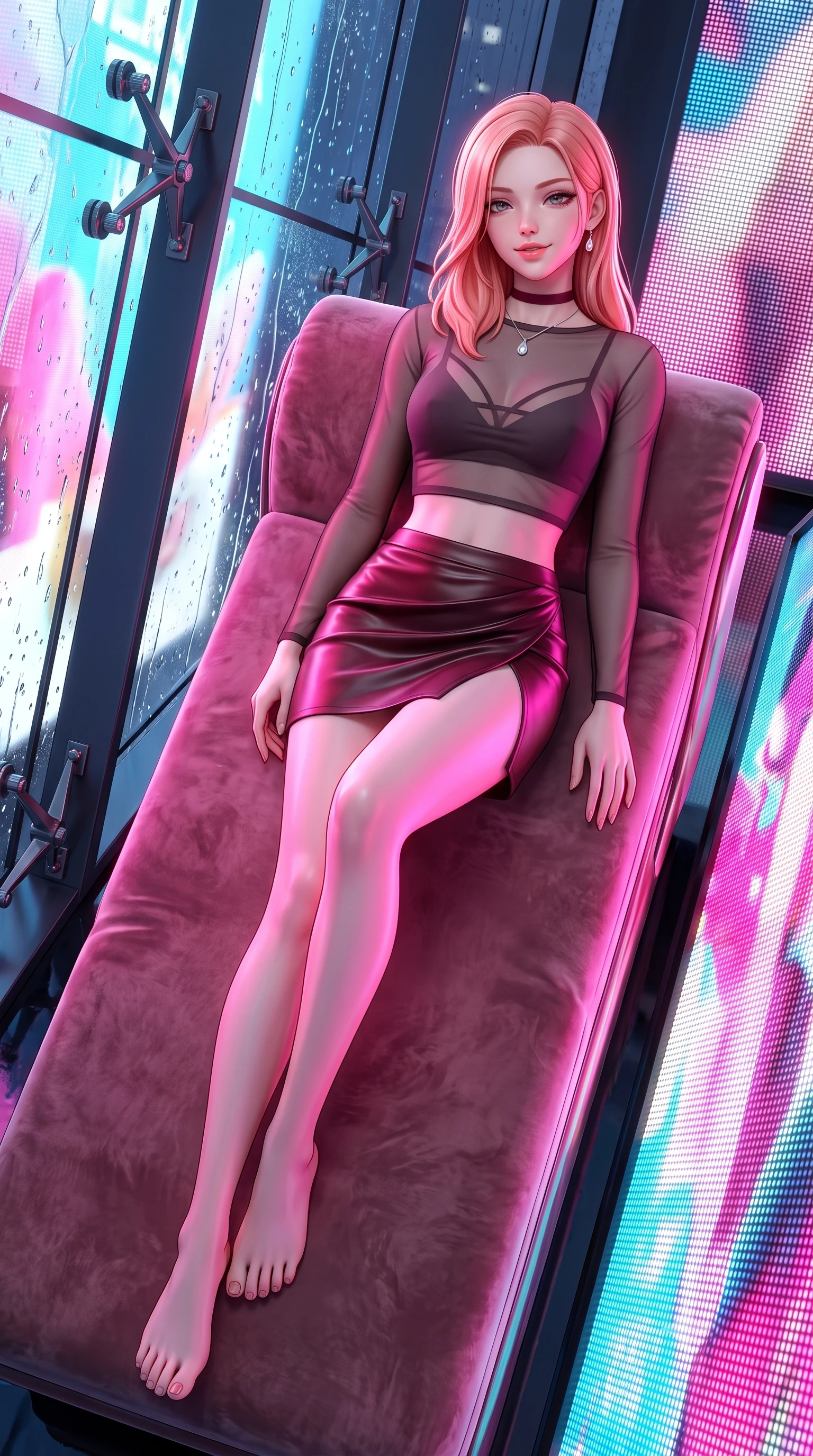 score_9, masterpiece, best quality, ultra-detailed, high-budget anime keyframe, semi-realistic 3D game render, editorial fashion photography, tasteful artistic composition, Japanese woman. low angle full-body shot from head to toe showing her feet, filling the entire 9:16 vertical frame with her statuesque presence, stretching her vertical silhouette. reclining gracefully across the plush chaise lounge with one leg extended, her sculpted silhouette and flat midriff radiating magnetic nocturnal glamour while twisting her slender torso in an alluring contrapposto stance, giant advertising screen video projections painting vibrant colors across her curves. The surrounding environment is rendered in vivid detail and crisp panoramic clarity: sharp exterior structural steel spider clamps, water droplets sliding down heated glass, and video screen pixel grids in deep focus. She has an absolutely perfect, statuesque 8.5-heads proportion, an exceptionally tall and slender model-like female figure with impossibly long slender legs, an ultra-slim waist, a flat toned midriff, narrow delicate ribcage, and beautifully sculpted feminine hips creating a graceful, slim hourglass silhouette without any bulky heaviness. sharp v-shaped jawline, high-bridge nose, sparkling eyes with hypnotic seductive depth, thick curled eyelashes, glossy parted lips with a natural dewy peach sheen, alluring bedroom-eyes with an enchanting coquettish smile, exuding magnetic siren charisma and sophisticated glamour, flawlessly proportioned anatomical accuracy, strict slender model proportions, natural body alignment, perfectly sculpted long slender limbs, ultra-slim waistline, clean dynamic posture without body distortion. wearing a sheer mesh long-sleeve crop top over an opaque strappy micro-bralette and a sleek leatherette mini skirt in rich cherry lacquer and smoky charcoal, made of semi-opaque stretch illusion mesh with soft shadowy contours, finished with a thin velvet ribbon choker and a single teardrop diamond pendant, the high-slit wrap tailoring accentuating her ultra-slim waistline and the enchanting curve of her feminine hips with alluring seductive charm. illuminated by thermal water reflection bounce and sharp electric-pink rim lights sculpting her jawline, flat midriff, and curvy hips. highly saturated vibrant anime colors, detailed shading with soft gradients, rich glossy textures, high-contrast stereoscopic depth, volumetric dynamic lighting, master piece, 9:16 ratio