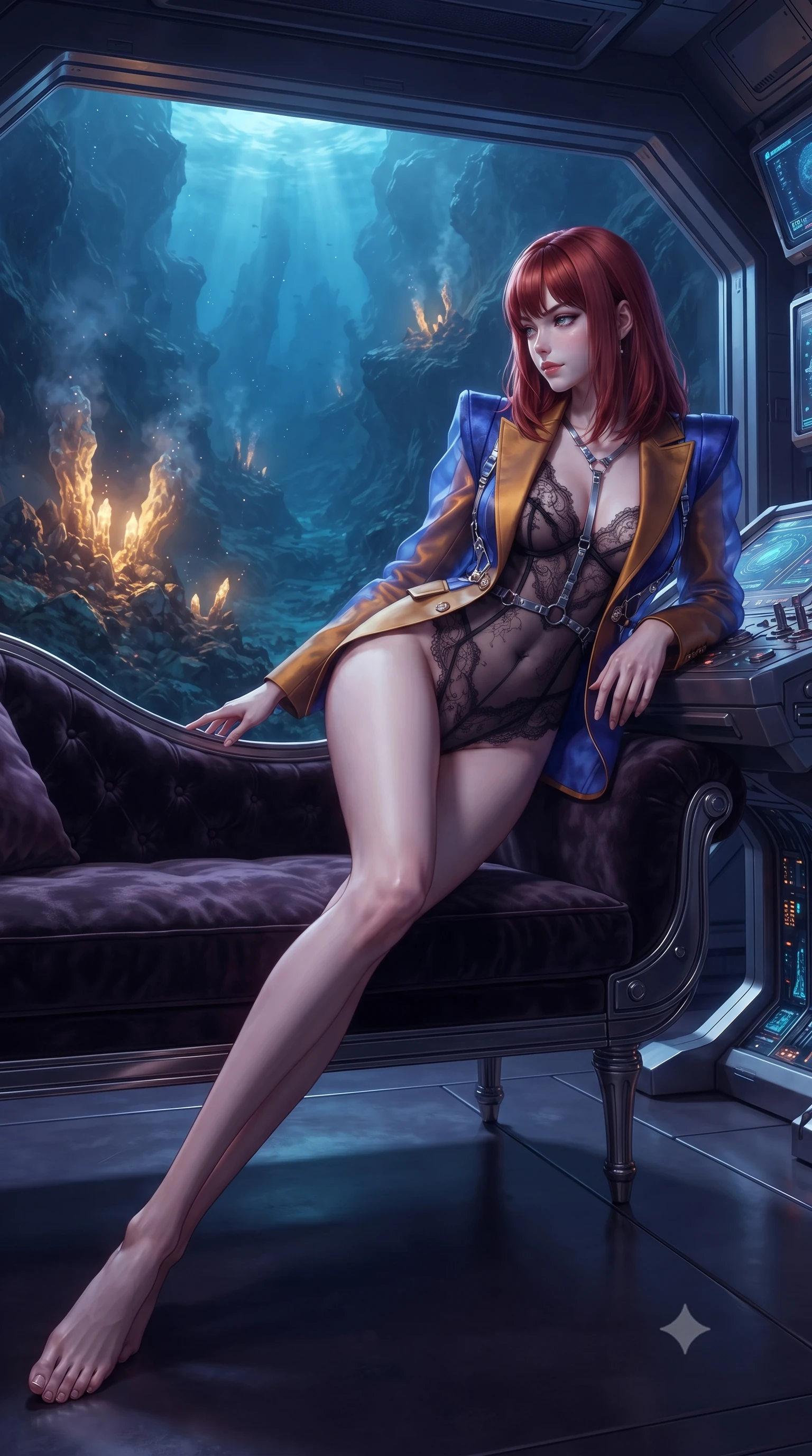 score_9, masterpiece, best quality, ultra-detailed, high-budget anime keyframe, editorial fashion photography, tasteful artistic composition, Caucasian woman. low angle full-body shot from head to toe showing her feet, filling the entire 9:16 vertical frame with her statuesque presence, stretching her vertical silhouette. reclining gracefully across the plush chaise lounge with one leg extended, her sculpted silhouette and flat midriff radiating magnetic nocturnal glamour while leaning against the titanium sonar console with hips cocked back, looking into the alien abyssal trench illuminated by hydrothermal mineral fires with smoldering bedroom-eyes. The surrounding environment is rendered in vivid detail and crisp panoramic clarity: detailed bespoke tactical tailoring, liquid fabric textures, and extreme-depth space-ocean engineering in razor-sharp precision. She has an exceptionally tall and slender model-like 8.5-heads proportion, an ultra-slim waist, a flat toned midriff, narrow delicate ribcage, and beautifully sculpted feminine hips creating a graceful, slim hourglass silhouette without any bulky heaviness, with impossibly long slender legs. sharp v-shaped jawline, high-bridge nose, intricate jewel-like sparkling eyes with depth, thick eyelashes, glossy parted lips with a natural peach sheen, bright cheerful beaming smile with an enchanting and coquettish sensual glint, exuding both youthful cute charm and seductive allure, flawlessly proportioned anatomical accuracy, strict slender model proportions, natural body alignment, perfectly sculpted long slender limbs, ultra-slim waistline, clean dynamic posture without body distortion. wearing a delicate sheer French Chantilly lace teddy layered under an open tailored tactical combat blazer draped over bare shoulders in Jovian storm amber and electric cobalt, crafted from translucent silk organza with an ethereal crystalline sheen, accented with a chrome-drop body harness subtly framing her dewy collarbones and spine, the bespoke structured tailoring following the natural line of her 8.5-heads silhouette with refined elegance. bathed in deep ocean blue-violet ambient light mixed with warm 2200K golden geothermal vent radiance. ultra-reflective glossy finish, specular highlights, rich textural contrasts, high-contrast stereoscopic depth, volumetric dynamic lighting, 2k, ultra detail, master piece, 9:16 ratio