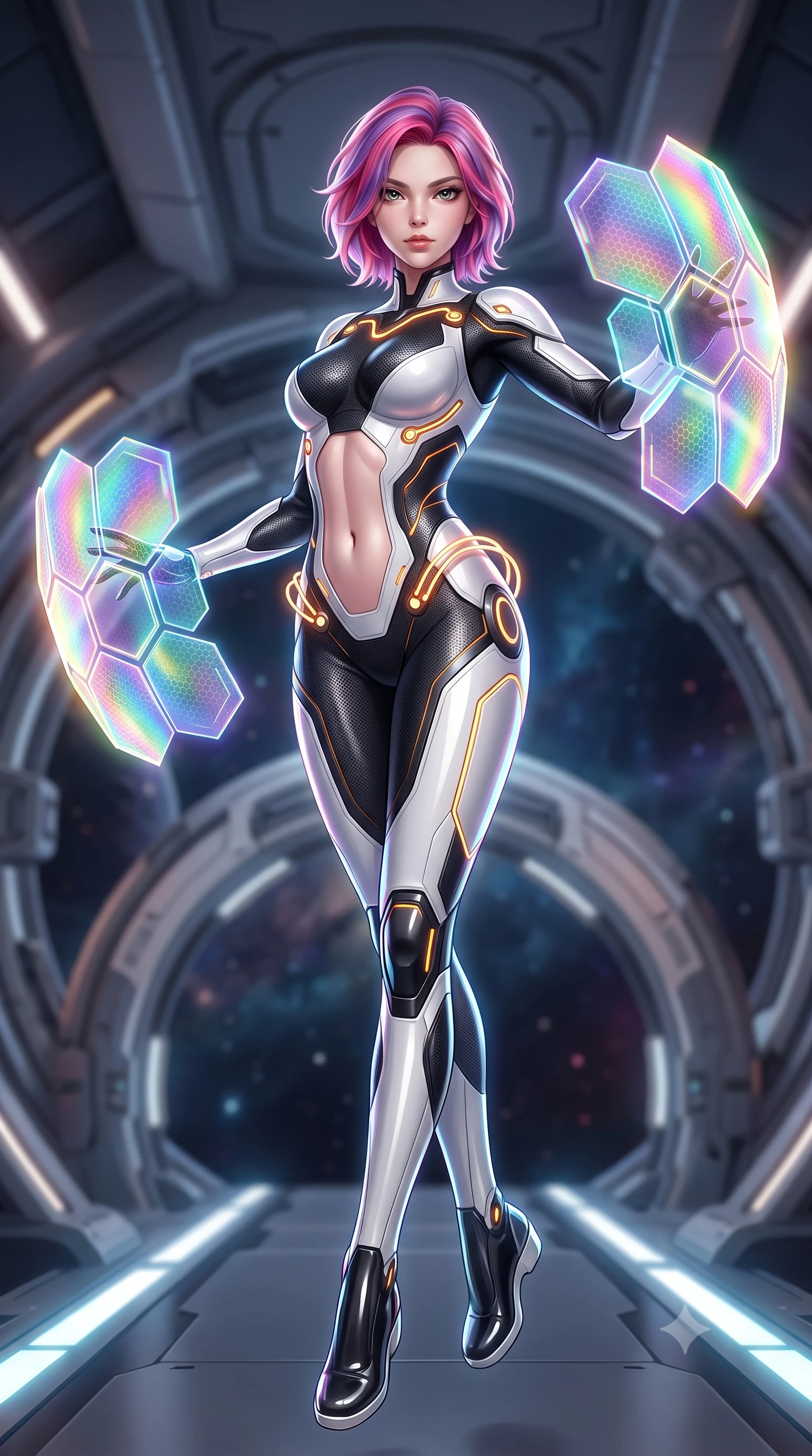 score_9, masterpiece, best quality, ultra-detailed, high-budget anime keyframe, semi-realistic 3D game render, editorial fashion photography, tasteful artistic composition, Caucasian woman. low angle full-body shot from head to toe showing her feet, filling the entire 9:16 vertical frame with her statuesque presence, stretching her vertical silhouette. arching her spine in a fluid zero-gravity combat turn with sovereign grace, her long slender legs and sculpted torso creating a sweeping line of power while arching her spine in a fluid zero-gravity stretch, her long slender legs and sculpted torso creating a sweeping celestial line. The composition keeps background elements in soft focus with creamy bokeh. gravitational containment rings and starship bridge architecture softened in smooth cosmic depth. She has an absolutely perfect, statuesque 8.5-heads proportion, an exceptionally tall and slender model-like female figure with impossibly long slender legs, a toned flat midriff, and an ultra-slim waist. sharp v-shaped jawline, high-bridge nose, intricate jewel-like eyes with depth, thick eyelashes, glossy lips with a natural sheen, flawlessly proportioned anatomical accuracy, strict slender model proportions, natural body alignment, perfectly sculpted long slender limbs, ultra-slim waistline, clean dynamic posture without body distortion. wearing a high-contrast monochrome white-and-black carbon-composite exoskeleton suit with glowing amber circuitry, deploying floating hexagonal holographic energy shields with sovereign grace in high-gloss iridescent rainbow carbon with prism holographic sheen, tailored from flexible second-skin carbon-mesh that clings flawlessly to her athletic curves, accented with glowing fiber-optic conduits tracing her collarbones and hip curves, the form-contouring material adhering flawlessly to her sculpted flat midriff and slender torso, emphasizing her long leg lines and perfectly proportioned willowy build. illuminated by intense directional rim lights sharply defining her ultra-slim waist, long legs, and flat midriff. rich saturated anime colors with glowing neon highlights, detailed shading with soft gradients, rich glossy textures, high-contrast stereoscopic depth, volumetric dynamic lighting, master piece, 9:16 ratio