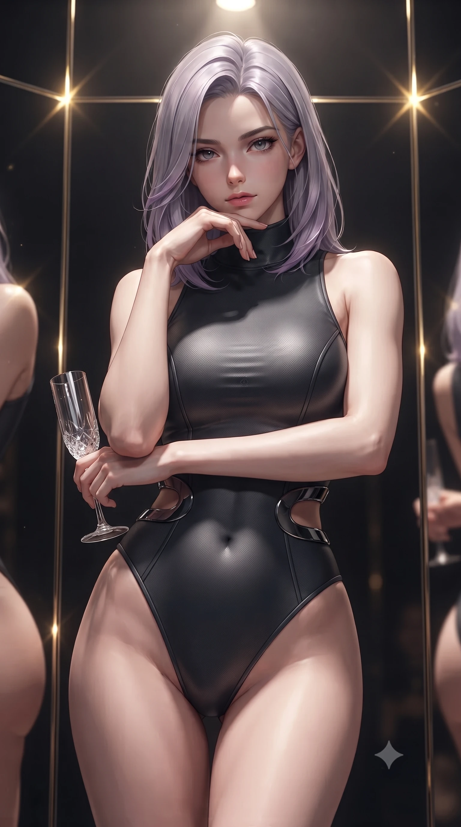 score_9, masterpiece, best quality, ultra-detailed, high-budget anime keyframe, editorial fashion photography, tasteful artistic composition, Caucasian woman. close-up cowboy shot from the waist and thighs up, the character dominates the composition, filling the frame with her large presence, background elements kept in soft focus. Resting her chin on the backs of her fingers with an air of effortless superiority, holding a crystal flute while looking into the camera with quiet self-assurance, polished mirror panels glinting with sharp golden specular highlights. She has an exceptionally elegant, slender, and willowy female figure with an ultra-slim waist, a gracefully sculpted slender torso, and a refined silhouette. sharp v-shaped jawline, high-bridge nose, intricate jewel-like eyes with depth, thick eyelashes, glossy lips with a natural sheen. wearing sleek high-neck ribbed activewear bodysuit in matte black in dark charcoal gray, made of matte carbon-fiber weave, accented with sculpted obsidian chrome rings at the waist, sculpting her athletic slender build with refined precision. bathed in dramatic chiaroscuro with a single sharp key ray from above. highly saturated vibrant anime colors, detailed shading with soft gradients, rich glossy textures, high-contrast stereoscopic depth, volumetric dynamic lighting, master piece, 9:16 ratio