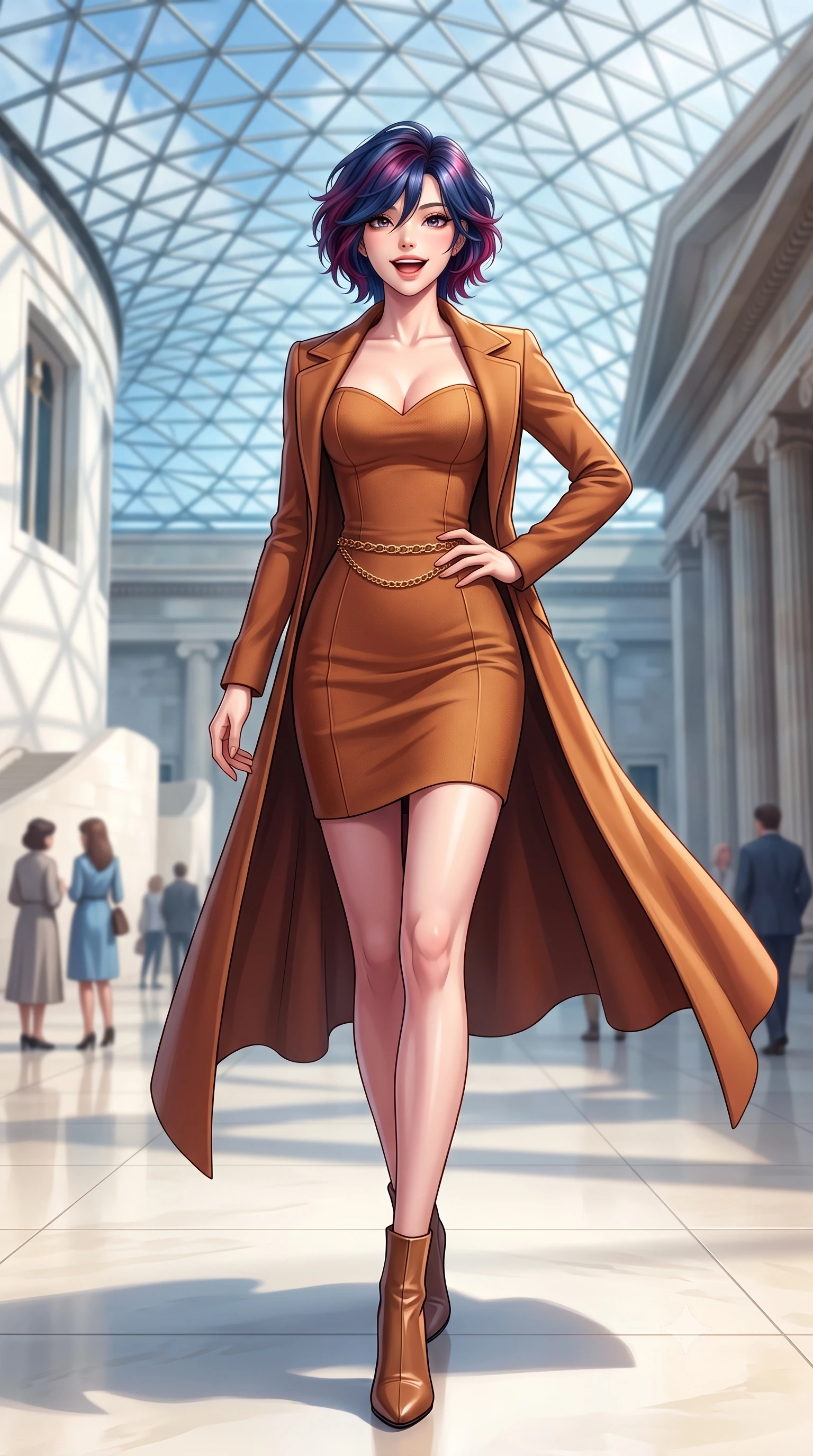 score_9, masterpiece, best quality, ultra-detailed, high-budget anime keyframe, semi-realistic 3D game render, editorial fashion photography, tasteful artistic composition, Korean woman. low angle full-body shot from head to toe showing her feet, filling the entire 9:16 vertical frame with her statuesque presence, stretching her vertical silhouette. walking briskly with tall supermodel strides, one hand placed on her narrow hip, her impossibly long slender legs commanding the frame while stepping gracefully across the vast limestone courtyard floor, her long tailored coat flowing with statuesque elegance. The background shows a soft-focus triangular glass roof lattice patterns against blue autumn sky, neoclassical colonnades, and museum visitors blurred into alabaster, sky blue, and dove grey bokeh. She has an exceptionally tall and slender model-like 8.5-heads proportion, an ultra-slim waist, a flat toned midriff, narrow delicate ribcage, and beautifully sculpted feminine hips creating a graceful, slim hourglass silhouette without any bulky heaviness, with impossibly long slender legs. sharp v-shaped jawline, high-bridge nose, intricate jewel-like sparkling eyes with depth, thick eyelashes, glossy parted lips with a natural peach sheen, bright cheerful beaming smile with an enchanting and coquettish sensual glint, exuding both youthful cute charm and seductive allure, flawlessly proportioned anatomical accuracy, strict slender model proportions, natural body alignment, perfectly sculpted long slender limbs, ultra-slim waistline, clean dynamic posture without body distortion. wearing a sculpted sweetheart-neckline knit bodycon dress with long fitted sleeves and an ultra-snug bodice in warm winter cinnamon and toasted caramel, tailored from stretch wool crepe providing structured compression and razor-sharp bodycon lines, finished with a sleek gold chain belt resting snugly across her narrow waist and curving hips, the liquid-tight tailored fabric clinging flawlessly to her narrow waist and rounded feminine hips, emphasizing every millimeter of her sculpted slim hourglass curves without any bulky heaviness. bathed in voluminous pure white zenithal daylight filtering through the vast geometric glass skylight canopy. highly saturated vibrant anime colors, detailed shading with soft gradients, rich glossy textures, high-contrast stereoscopic depth, volumetric dynamic lighting, master piece, 9:16 ratio