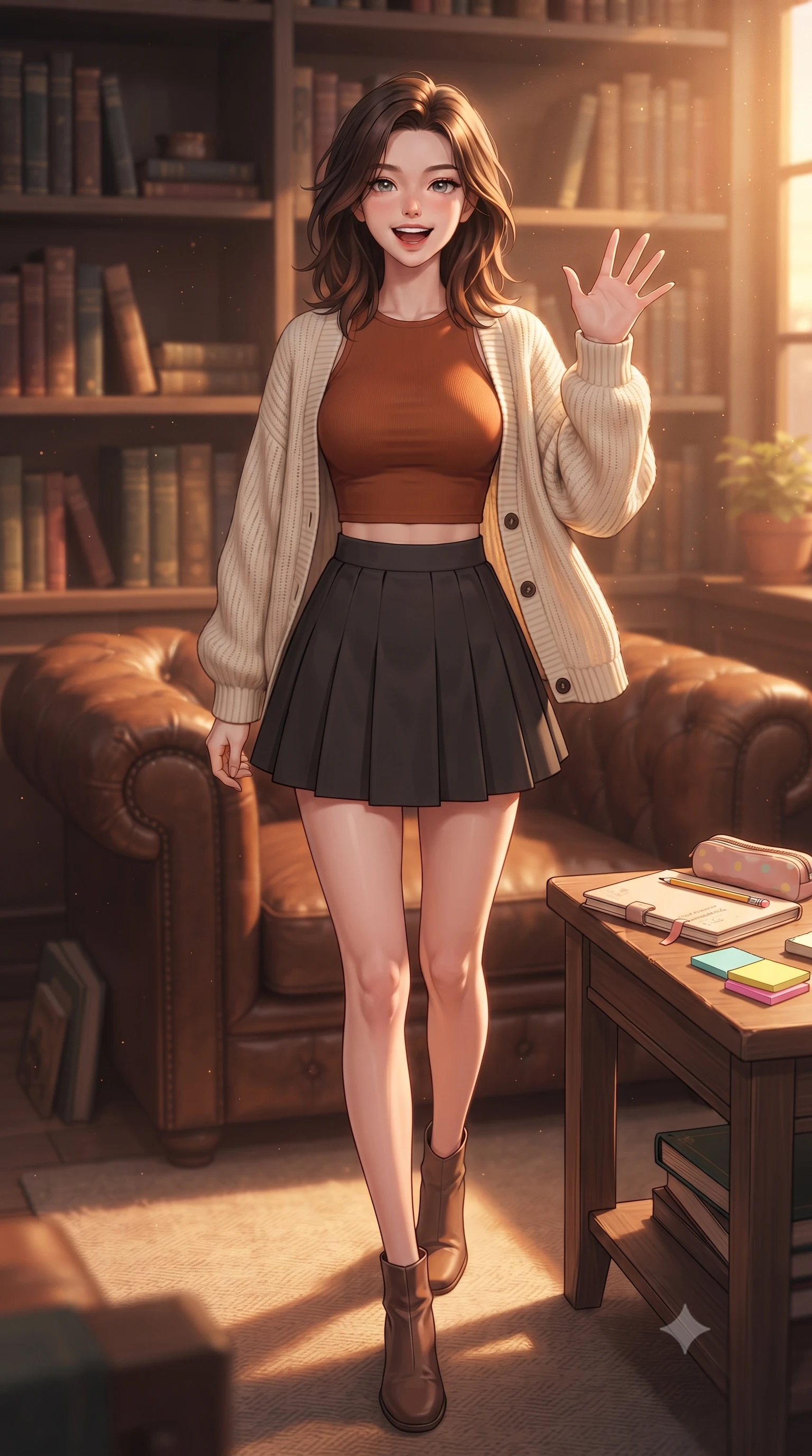 score_9, masterpiece, best quality, ultra-detailed, high-budget anime keyframe, editorial fashion photography, tasteful artistic composition, Korean woman. low angle full-body shot from head to toe showing her feet, filling the entire 9:16 vertical frame with her statuesque presence, stretching her vertical silhouette. stepping forward with a bright, cheerful smile, waving happily at the viewer set against a soft-focus background of in a cozy book cafe corner with leather armchairs and wooden side tables with a cute notebook, a pencil case, and colorful sticky notes on the table. She has an absolutely perfect, statuesque 8.5-heads proportion, an exceptionally tall and slender model-like female figure with impossibly long slender legs and an ultra-slim waist. sharp v-shaped jawline, high-bridge nose, intricate jewel-like eyes with depth, thick eyelashes, glossy lips with a natural sheen. wearing body-hugging crop top under an open knit cardigan, paired with a high-waist pleated A-line skirt. cozy golden hour sunset light illuminating the dusty bookshelves with a warm glow. ultra-reflective glossy finish, specular highlights, metallic sheen, high-contrast stereoscopic depth, volumetric dynamic lighting, 2k, ultra detail, master piece, 9:16 ratio