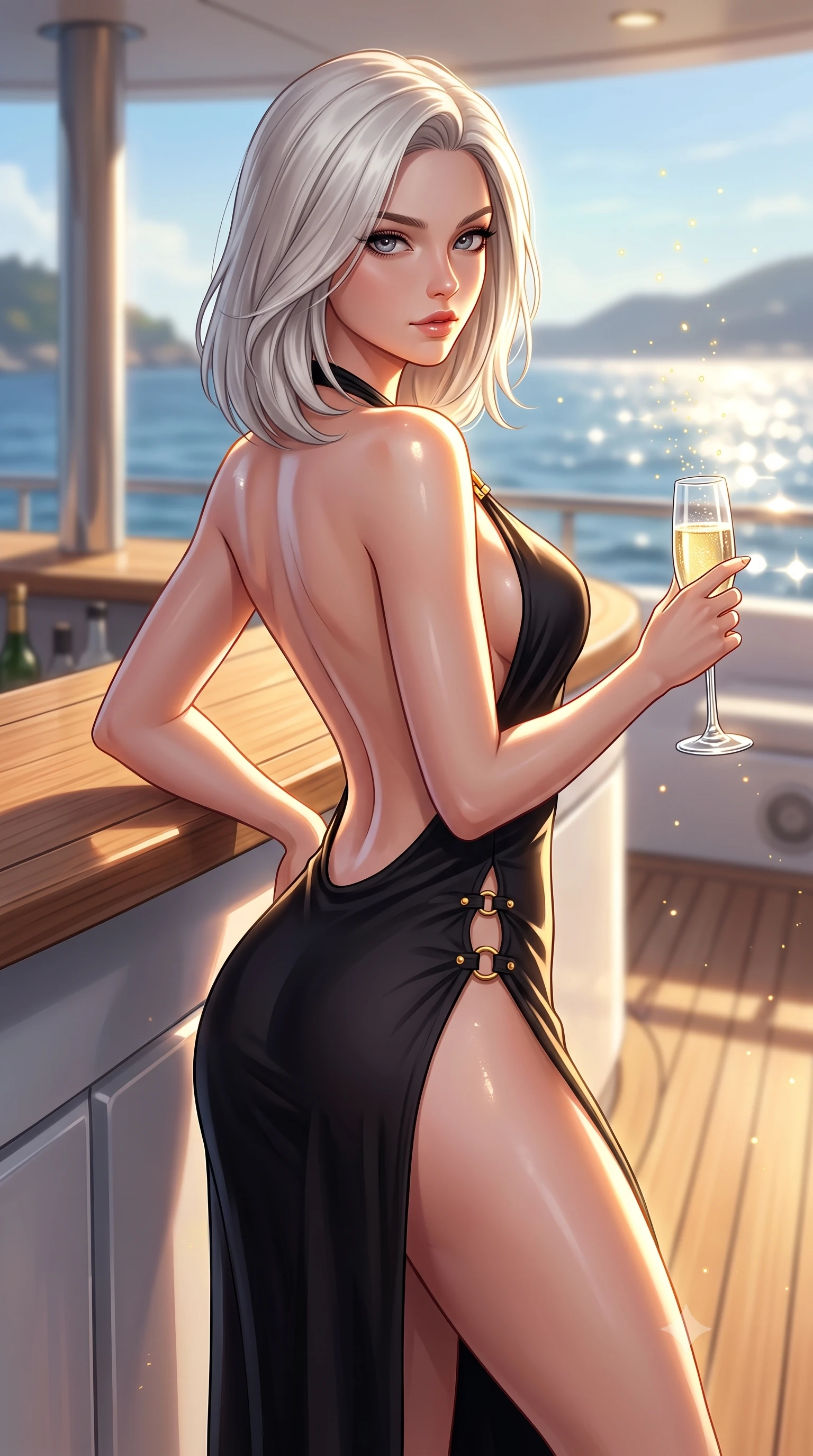 score_9, masterpiece, best quality, ultra-detailed, high-budget anime keyframe, semi-realistic 3D game render, editorial fashion photography, tasteful artistic composition, Caucasian woman. close-up cowboy shot from the waist and thighs up, the character dominates the composition, filling the frame with her large presence. arching her spine backward with effortless dancer poise, one hand sliding along her hip line as directional light carves specular highlights along her silhouette while leaning against the yacht's outdoor bar with hips shifted to one side, holding a champagne flute while locking smoldering eyes with the viewer. The composition keeps background elements in soft focus with creamy bokeh. sunlight sparkle on ocean crests and champagne fizz scattering warm radiant light motes. She has an exceptionally elegant, slender, and willowy female figure with an ultra-slim waist, a gracefully sculpted slender torso, toned flat midriff, and rounded feminine hips creating an alluring hourglass silhouette. sharp v-shaped jawline, high-bridge nose, intricate jewel-like eyes with depth, thick eyelashes, glossy parted lips with a natural sheen, intensely captivating and seductive bedroom-eyes expression, flawlessly proportioned anatomical accuracy, strict slender model proportions, natural body alignment, perfectly sculpted long slender limbs, ultra-slim waistline, clean dynamic posture without body distortion. wearing a sun-drenched halter resort maxi dress with a dramatic open back and high side slit ascending to the hip in pitch-black silk with high-contrast gold hardware, made of liquid bamboo jersey adhering seamlessly to her slender frame, finished with an ultra-high side slit secured by miniature gold nautical rings, the dramatically scooped open back descending to the base of her spine, accentuating her razor-sharp statuesque lines and curvy hourglass silhouette. illuminated by glowing specular sun glints defining her sculpted collarbones, ultra-slim waist, and curvy hips. highly saturated vibrant anime colors, detailed shading with soft gradients, rich glossy textures, high-contrast stereoscopic depth, volumetric dynamic lighting, master piece, 9:16 ratio