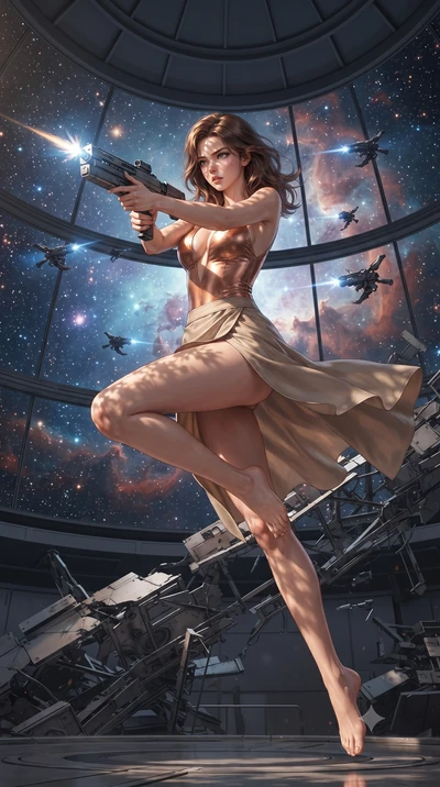 score_9, masterpiece, best quality, ultra-detailed, high-budget anime keyframe, editorial fashion photography, tasteful artistic composition, realistic cosplay photography, Korean woman. low angle full-body shot from head to toe showing her feet, fil