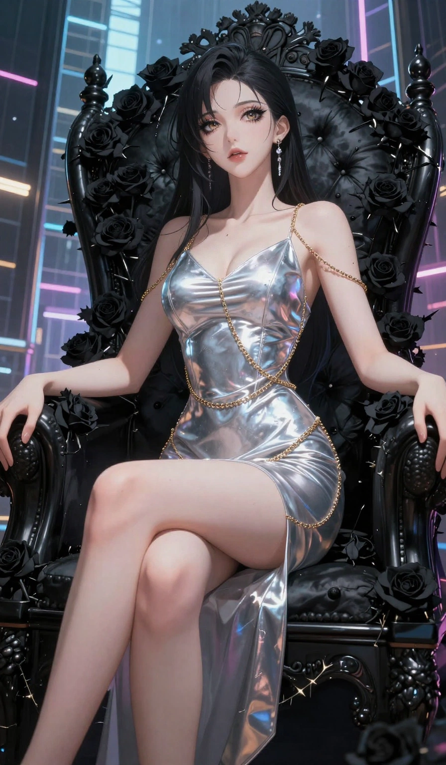 score_9, masterpiece, best quality, ultra-detailed, High-budget Anime Keyframe, East Asian woman. Low angle cowboy shot filling the entire 9:16 frame with her statuesque presence. Scenario 478: resting on a throne of black roses, thorns grazing her skin, in a luxury penthouse with floor-to-ceiling glass walls overlooking a neon grid. Her presence is magnetic and overpowering in this high-budget anime scene. Outfit 478: a body-hugging liquid silver shimmering chiffon slip dress featuring an elegant plunging collar and fine gold chains. The clothing is designed to emphasize her exceptionally tall and slender 8-heads proportion. 8-heads proportion, towering silhouette, ultra-slim waist. sharp v-shaped jawline, intricate jewel-like eyes with depth, thick eyelashes, glossy lips. 2k, ultra detail, master piece, 9:16 ratio