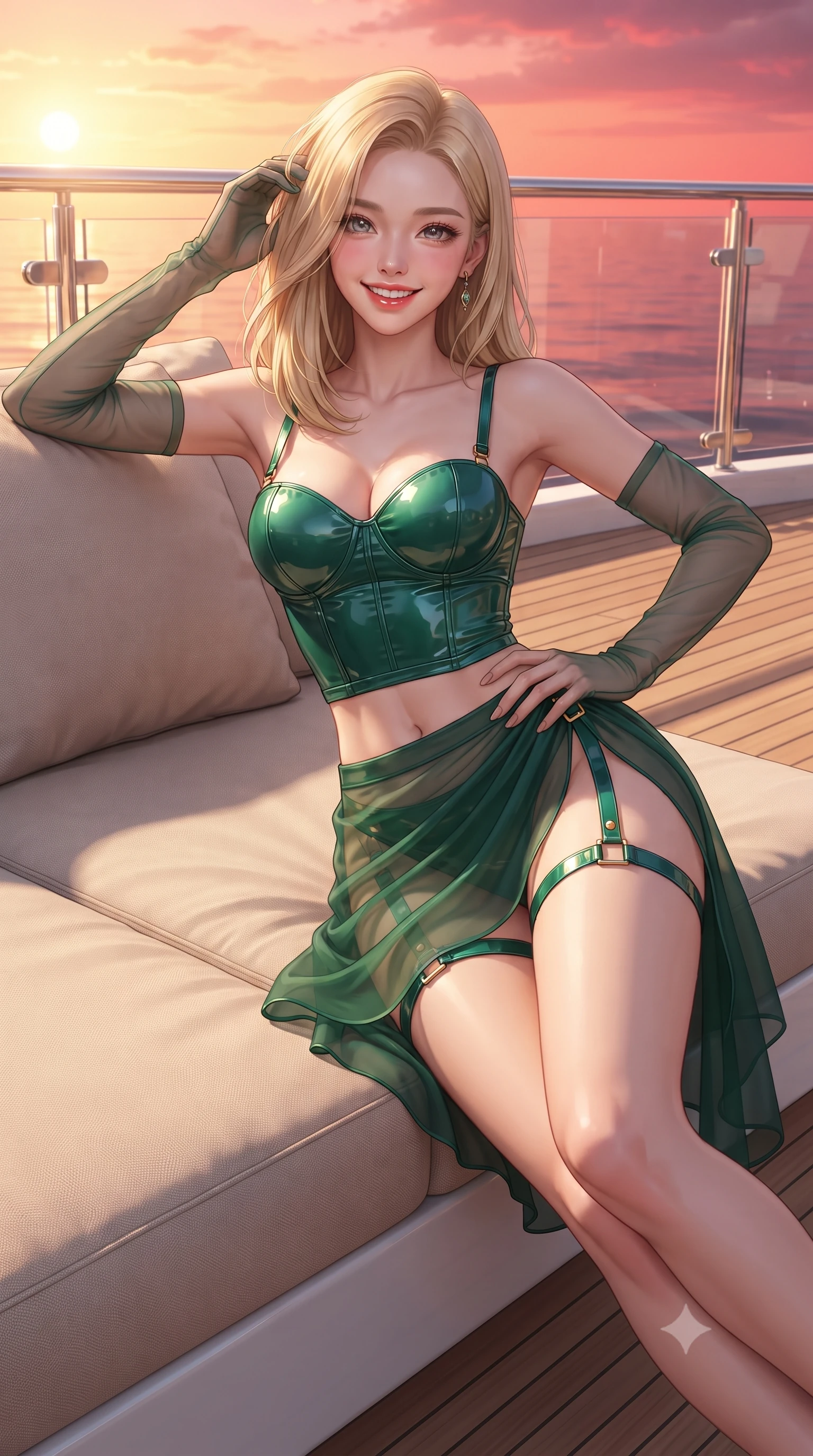 score_9, masterpiece, best quality, ultra-detailed, high-budget anime keyframe, editorial fashion photography, tasteful artistic composition, Korean woman. close-up cowboy shot from the waist and thighs up, the character dominates the composition, filling the frame with her large presence. twisting her slender torso in an alluring contrapposto stance, one hand resting on her sculpted hip while her fingers toy with her hair with effortless poise while lounging gracefully across the oversized plush sunbed propped on one elbow, displaying her long slender limbs and statuesque hourglass silhouette. The surrounding environment is rendered in vivid detail and crisp panoramic clarity: sharp natural teak deck plank caulking seams, polished stainless steel stanchion joints, and clear glass balustrade edges in deep focus. She has an exceptionally elegant, slender, and willowy female figure with an ultra-slim waist, flat toned midriff, narrow ribcage, and sculpted feminine hips creating an alluring, slim hourglass silhouette without bulk. sharp v-shaped jawline, high-bridge nose, intricate jewel-like sparkling eyes with depth, thick eyelashes, glossy parted lips with a natural peach sheen, bright cheerful beaming smile with an enchanting and coquettish sensual glint, exuding both youthful cute charm and seductive allure, flawlessly proportioned anatomical accuracy, strict slender model proportions, natural body alignment, perfectly sculpted long slender limbs, ultra-slim waistline, clean dynamic posture without body distortion. wearing a wet-look form-fitting vinyl bustier paired with a high-slit sheer-layered wrap mini skirt and thigh-strap accents in Monte Carlo casino emerald green and polished brass, woven from stretch shimmer crepe adhering with glove-like precision, complemented by sheer opera-length evening gloves tracing her slender arms, the form-contouring silhouette accentuating her sculpted flat midriff, narrow delicate ribcage, and gracefully curvy hips with intoxicating allure. bathed in the breathtaking 3000K golden hour sunlight transitioning into saturated crimson-coral twilight. ultra-reflective glossy finish, specular highlights, rich textural contrasts, high-contrast stereoscopic depth, volumetric dynamic lighting, 2k, ultra detail, master piece, 9:16 ratio