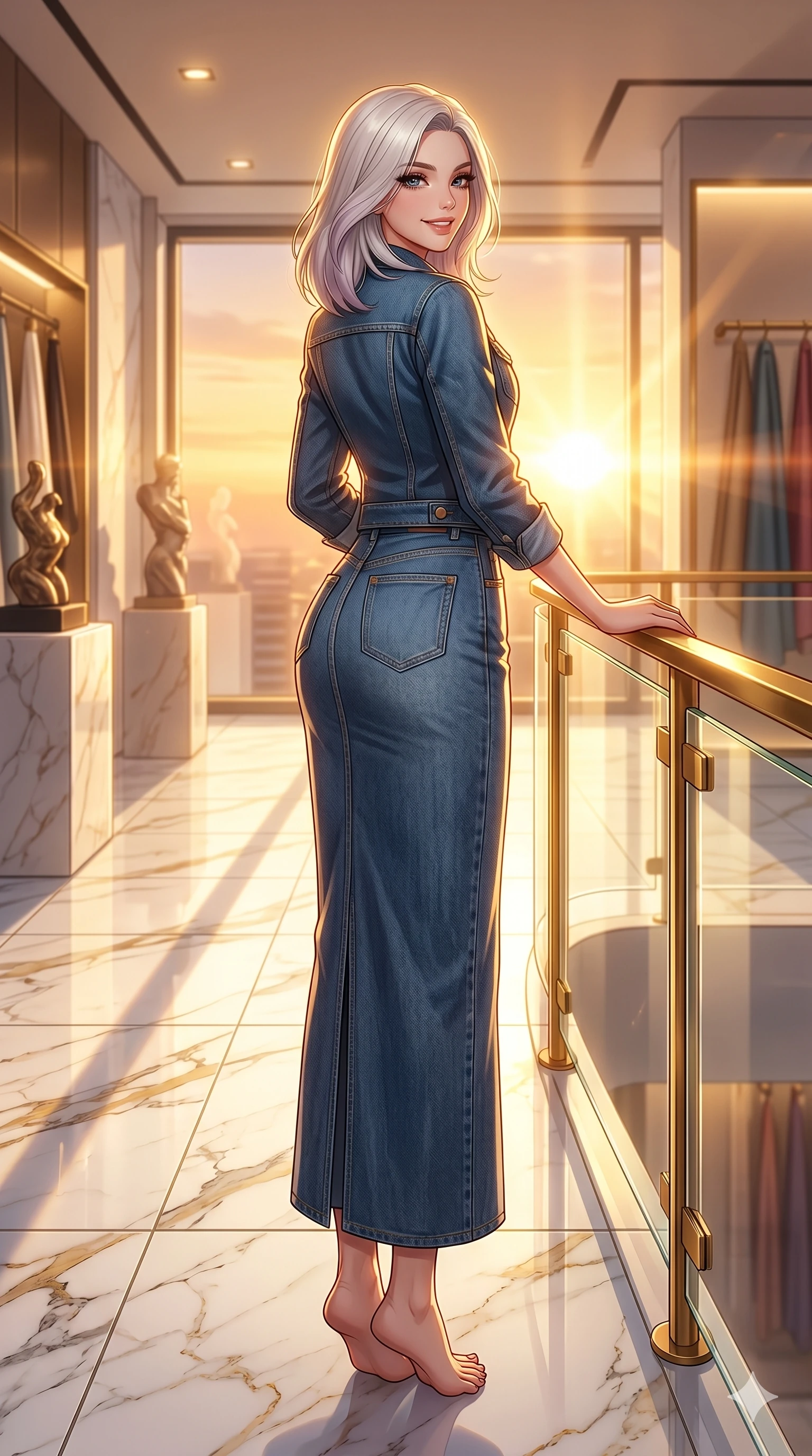 score_9, masterpiece, best quality, ultra-detailed, high-budget anime keyframe, vibrant anime aesthetic, Caucasian woman, strictly human ears. low angle full-body shot from head to toe showing her feet, filling the entire 9:16 vertical frame with her statuesque presence, stretching her vertical silhouette. She is resting her hands on the railing, looking over her shoulder with a happy grin inside a chic designer showroom with polished marble floors and bright sunbeams (Code-P20-020). She has an absolutely perfect 8-heads proportion, an exceptionally tall and slender female figure with impossibly long slender legs and an ultra-slim waist. V-shaped jawline, high-bridge nose, intricate jewel-like eyes with depth, thick eyelashes, glossy lips with a natural sheen. wearing a modern denim set featuring a structured jacket and long skirt. She is glowing with warm sunset light radiating from the horizon, casting a golden aura. 2k, ultra detail, master piece, 9:16 ratio