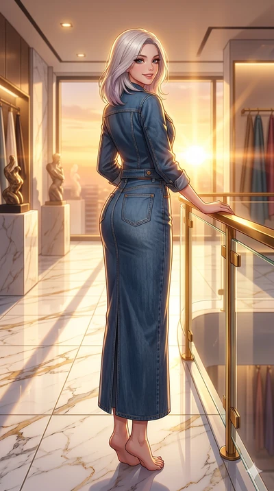 score_9, masterpiece, best quality, ultra-detailed, high-budget anime keyframe, vibrant anime aesthetic, Caucasian woman, strictly human ears. low angle full-body shot from head to toe showing her feet, filling the entire 9:16 vertical frame with her