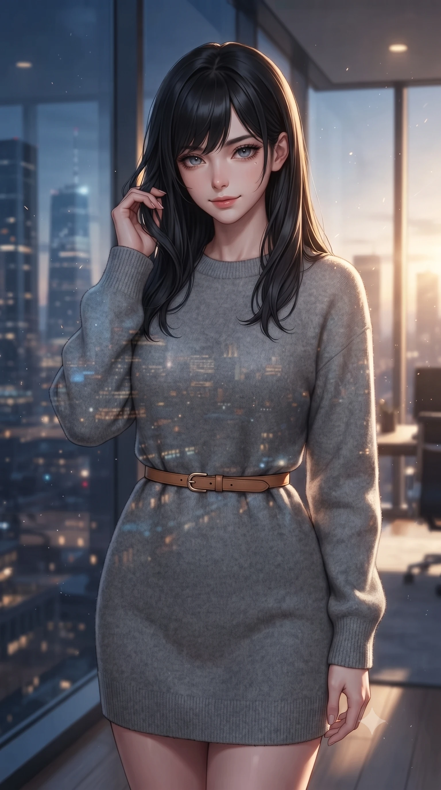 score_9, masterpiece, best quality, ultra-detailed, high-budget anime keyframe, editorial fashion photography, tasteful artistic composition, Caucasian woman, strictly human ears. close-up cowboy shot from the waist and thighs up, the character dominates the composition, filling the frame with her large presence, background elements kept in soft focus. Gently brushing hair from her face with an enigmatic half-smile. set against a soft-focus background of standing against floor-to-ceiling windows of a minimalist penthouse office with the entire night city reflected in the glass creating a ghostly double-exposure effect where interior and exterior merge in the reflection. She has an exceptionally elegant and slender, willowy female figure with an ultra-slim waist, a gracefully sculpted slender torso, and a refined slim physique. sharp v-shaped jawline, high-bridge nose, intricate jewel-like eyes with depth, thick eyelashes, glossy lips with a natural sheen. wearing a soft grey wool-blend sweater dress with long sleeves, paired with a thin camel-colored leather belt. golden hour sunlight streaming in warm shafts with floating dust particles catching the light. 2k, ultra detail, master piece, 9:16 ratio