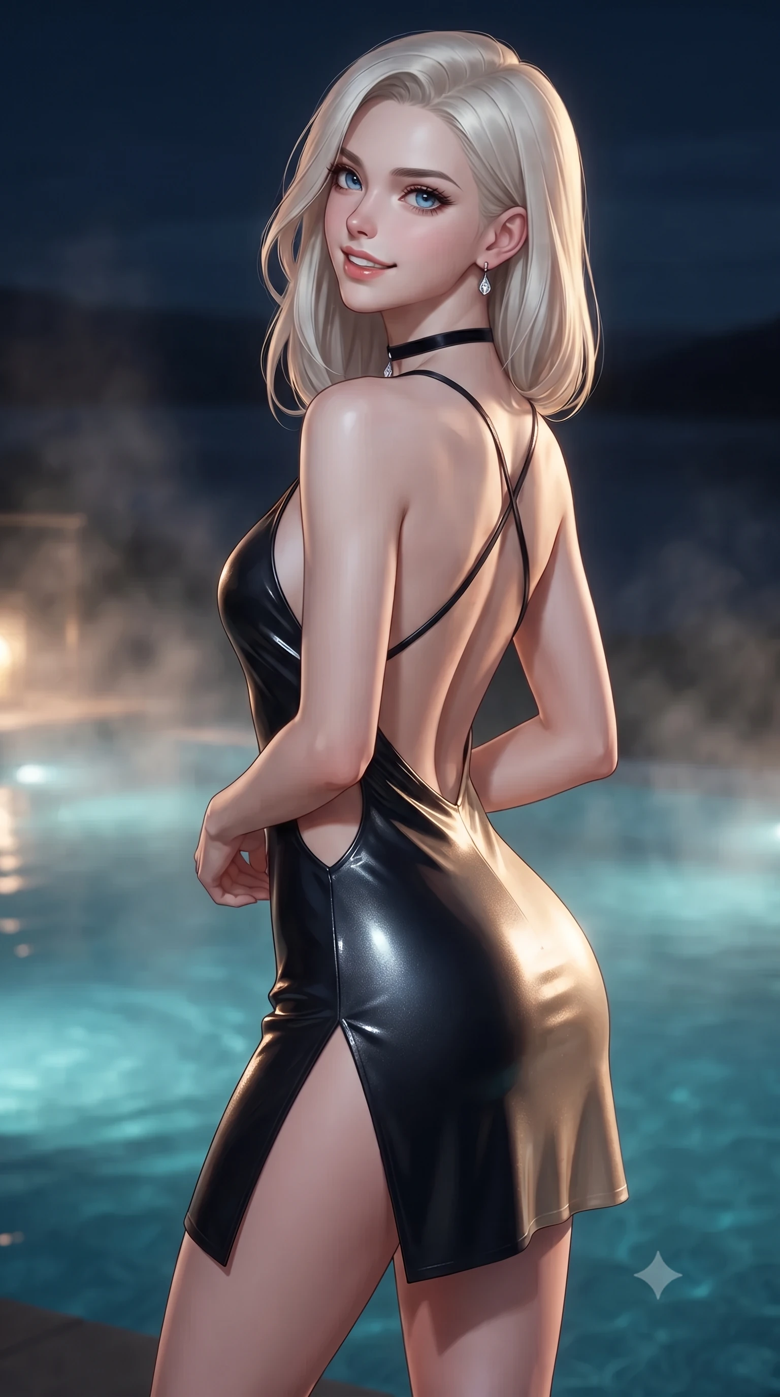 score_9, masterpiece, best quality, ultra-detailed, high-budget anime keyframe, editorial fashion photography, tasteful artistic composition, Caucasian woman. close-up cowboy shot from the waist and thighs up, the character dominates the composition, filling the frame with her large presence. posing in an alluring rear three-quarter angle, looking over a bare shoulder with parted glossy lips, her hips cocked back to highlight her slim hourglass curve while twisting her slender torso in an alluring S-curve beside the infinity plunge pool, warm cedar steam and moonlight tracing her flat midriff and hourglass curves. The background shows a soft-focus wisps of thermal mineral pool steam softened in ultra-luxury Scottish loch retreat shallow focus. She has an exceptionally elegant, slender, and willowy female figure with an ultra-slim waist, flat toned midriff, narrow ribcage, and sculpted feminine hips creating an alluring, slim hourglass silhouette without bulk. sharp v-shaped jawline, high-bridge nose, intricate jewel-like sparkling eyes with depth, thick eyelashes, glossy parted lips with a natural peach sheen, bright cheerful beaming smile with an enchanting and coquettish sensual glint, exuding both youthful cute charm and seductive allure, flawlessly proportioned anatomical accuracy, strict slender model proportions, natural body alignment, perfectly sculpted long slender limbs, ultra-slim waistline, clean dynamic posture without body distortion. wearing a backless liquid lamé mini dress with criss-cross spinal straps and daring side slit in deep midnight obsidian black and champagne gold, made of fluid liquid jersey with seamless sculpting hold and smooth contours, finished with a thin velvet ribbon choker and a single teardrop diamond pendant, the precision-cut side openings and low-back scoop framing her graceful spine and the sensual sweep of her slim, toned hips. bathed in underwater pool turquoise-cyan LEDs combined with soft warm 2700K interior cove lighting through glass. ultra-reflective glossy finish, specular highlights, rich textural contrasts, high-contrast stereoscopic depth, volumetric dynamic lighting, 2k, ultra detail, master piece, 9:16 ratio