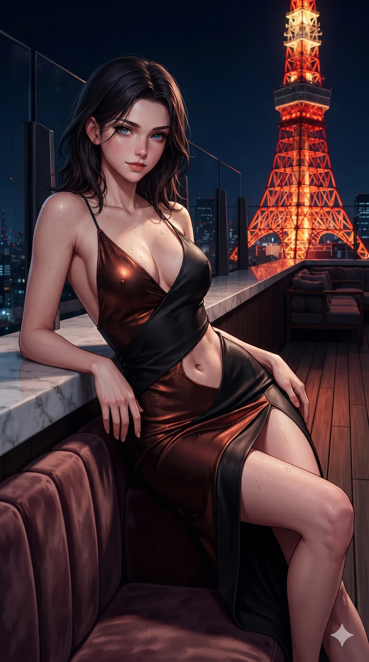 score_9, masterpiece, best quality, ultra-detailed, high-budget anime keyframe, editorial fashion photography, tasteful artistic composition, Korean woman. close-up cowboy shot from the waist and thighs up, the character dominates the composition, filling the frame with her large presence. resting one elbow on the marble balustrade while arching her spine with dancer poise, her dark bedroom-eyes casting a magnetic sidelong glance while reclining languidly across the velvet banquette with one knee bent and hips angled toward the camera, displaying her toned midriff and long slender limbs. The surrounding environment is rendered in vivid detail and crisp panoramic clarity: sharp seamless structural glass parapet seams, teak decking plank grain, and Tokyo Tower lattice steel precision in deep focus. She has an exceptionally elegant, slender, and willowy female figure with an ultra-slim waist, flat toned midriff, narrow ribcage, and sculpted feminine hips creating an alluring, slim hourglass silhouette without bulk. sharp v-shaped jawline, high-bridge nose, intricate jewel-like dark sparkling eyes with dangerous depth, thick curled eyelashes, glossy parted lips with a rich wine sheen, smoldering seductive half-smile with bedroom-eyes, exuding effortless superiority and intoxicating dark allure, flawlessly proportioned anatomical accuracy, strict slender model proportions, natural body alignment, perfectly sculpted long slender limbs, ultra-slim waistline, clean dynamic posture without body distortion. wearing a provocative backless liquid lamé slip dress with plunging neckline and hip-high thigh slit in dark burnt copper and matte black, tailored from fine lightweight midnight wool crepe with crisp architectural structure, finished with glistening rain droplets beading across her sculpted shoulders and flat midriff, the form-fitting cut adhering flawlessly to her sculpted flat midriff and slender torso, emphasizing her long leg lines and perfectly proportioned willowy build. bathed in the warm radiant scarlet and orange glow of Tokyo Tower contrasted with deep midnight navy skies. ultra-reflective glossy finish, specular highlights, rich textural contrasts, high-contrast stereoscopic depth, volumetric dynamic lighting, 2k, ultra detail, master piece, 9:16 ratio