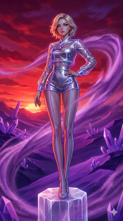 score_9, masterpiece, best quality, ultra-detailed, high-budget anime keyframe, Caucasian woman, strictly human ears. low angle full-body shot filling the entire 9:16 frame with her statuesque presence, stretching the vertical silhouette. standing at